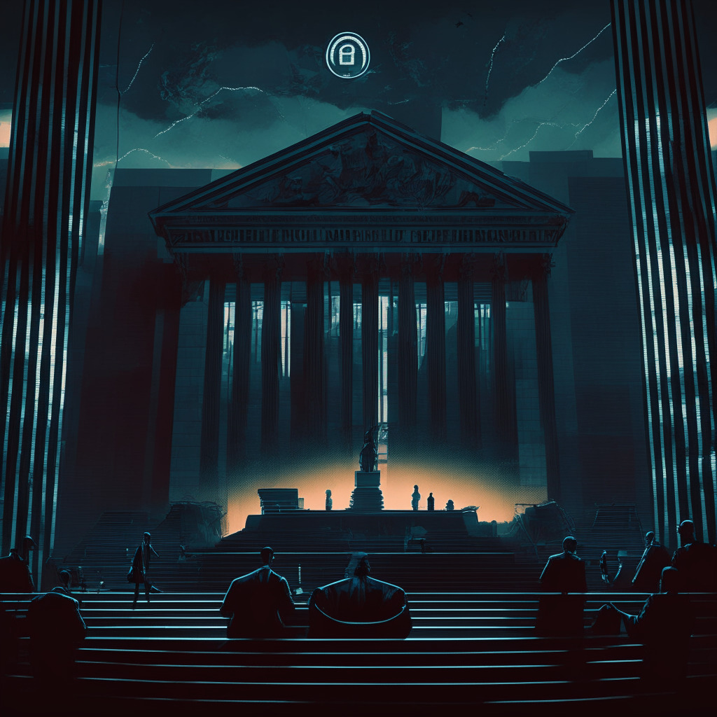 Dystopian courtroom battle, cyberspace overlaid with traditional justice scales, federal building in the background. Scene portrays the ongoing struggle between the crypto community and regulatory bodies, encapsulated in moody twilight tones. Dark shadows with illuminated elements of cryptocurrency symbols, signifying both the secrecy and scrutiny in the digital currency world. The mood is tense yet hopeful, capturing the intrigue and uncertainty of potential future outcomes.