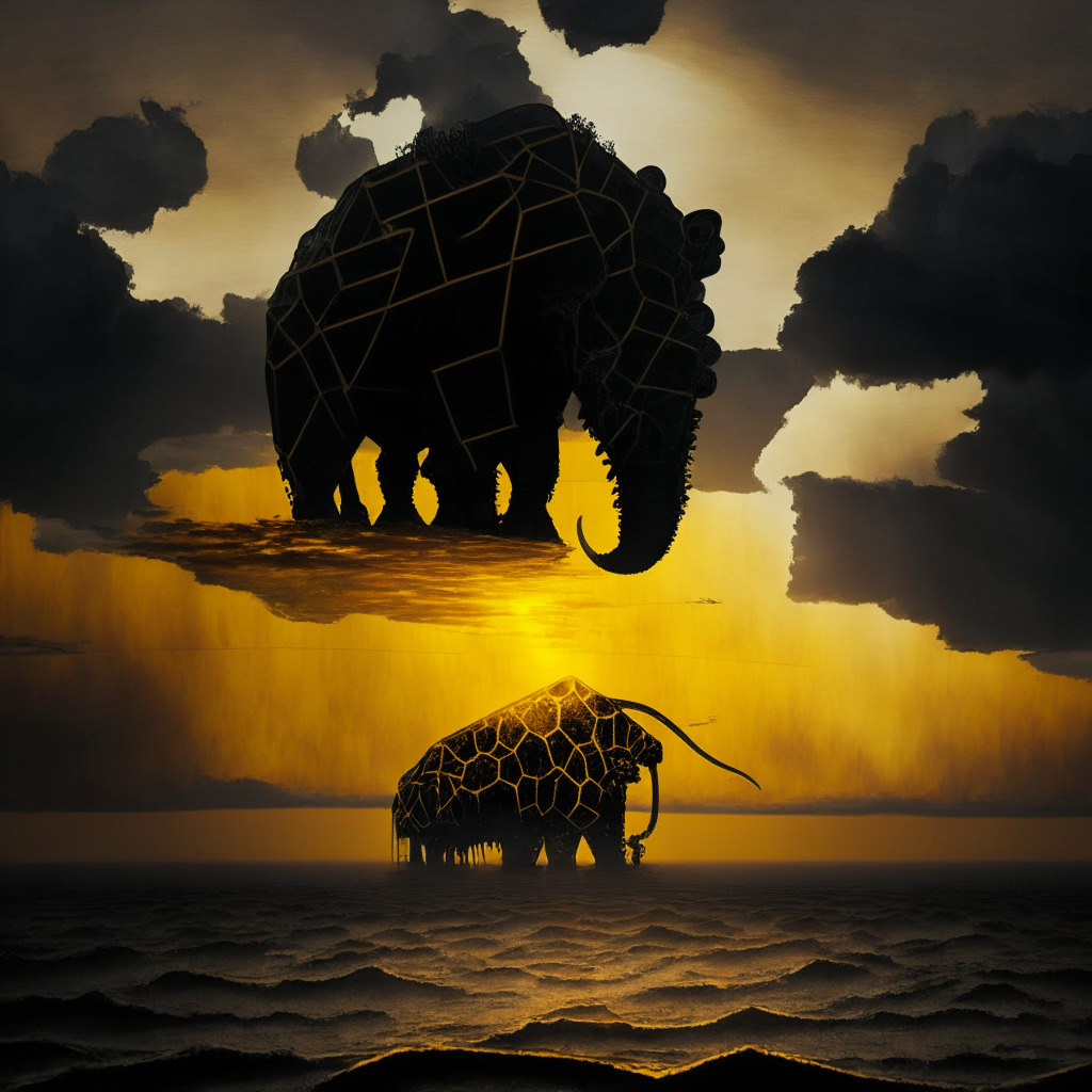 Surrealist-infused image of a mammoth blockchain enveloped in honeycomb entwined with an oil rig against an ominously stormy sky, The setting sun paints the scene with a “film noir” light and casts long, menacing shadows that speaks to a controversial alliance. The narrative tension is palpable, and the mood is one of skepticism and uncertainty.