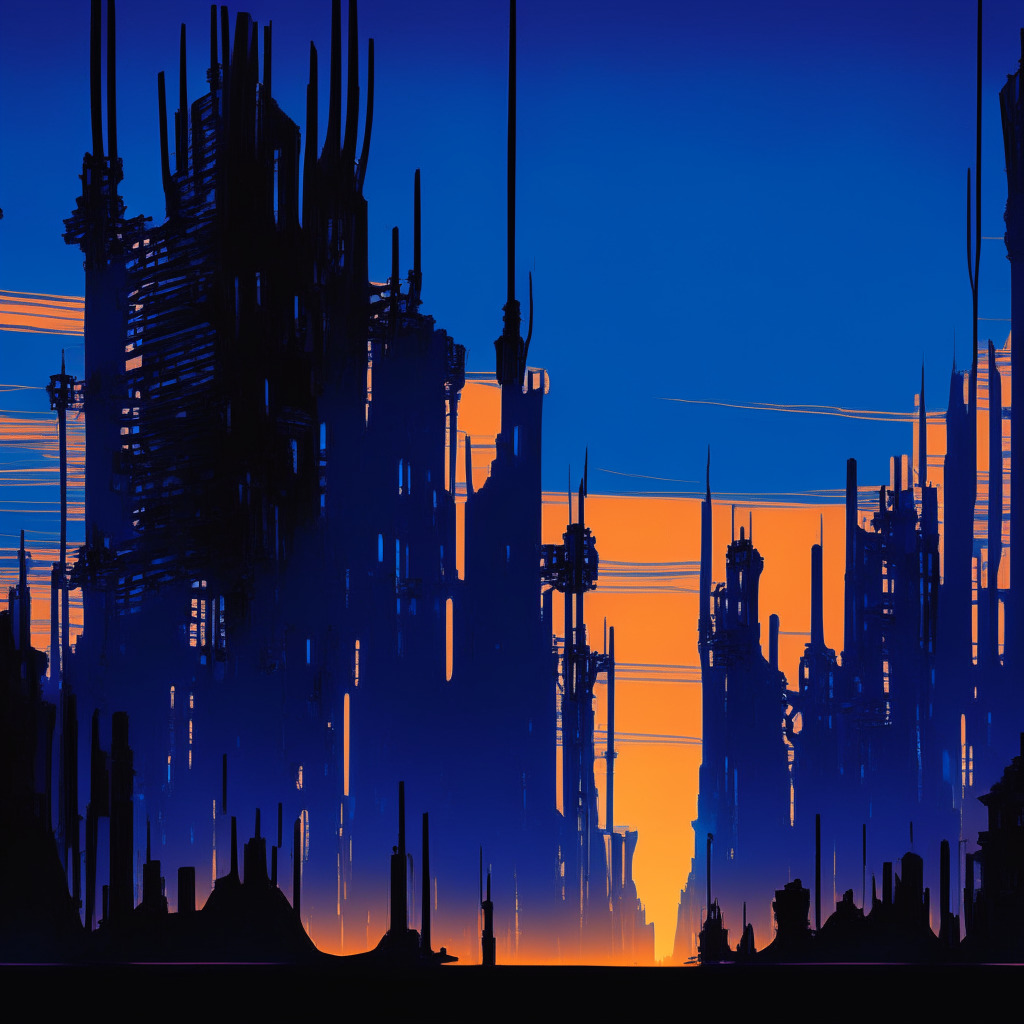 A melancholic sunset in a futuristic cityscape, silhouettes of withdrawal automaton gears, symbolizing Clockwork's ceased operations, cast long shadows on the sidewalks and roadways. Opalescent hues reflect off Solana inspired networks glowing in a cobalt blue, representing the ceaseless flow of digital smart contracts. The overall atmosphere is bittersweet but rich in mystery and looming potential, hinting at the volatility yet resiliency of the crypto world.