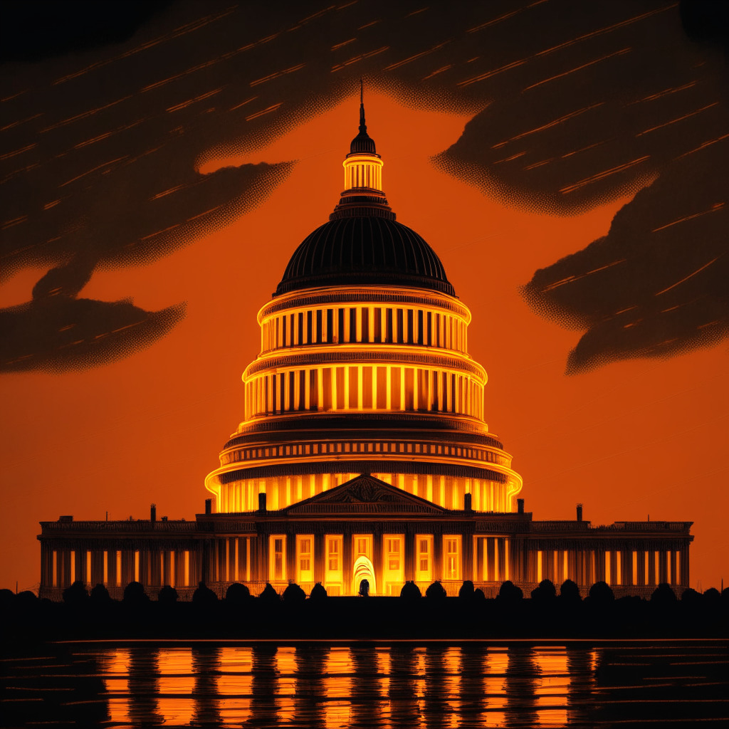 A depiction of the US Capitol building at dusk, draped in a warm orange glow. Drawn from a low angle, it radiates authority and tension. Interwoven into the architecture are symbols of cryptocurrency, binary code and dollar bills, signaling a blend of traditional and digital finance. Under a dark, stormy sky, it mirrors the urgency and the massive gap of the crypto tax situation.