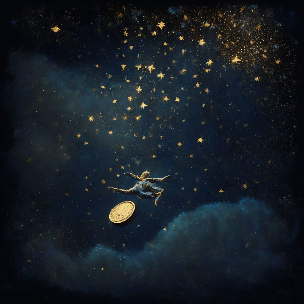 A gilded clown coin soaring among a constellation of stars, whimsical yet ominous, in a dusky, blurred-edge, Impressionist-inspired sky. The twinkling coin reflects the sharp glimmer of possibility, prosperity, and caution. The undercurrents of a market boom cast dramatic, long shadows, creating the mood of suspense and uncertainty.