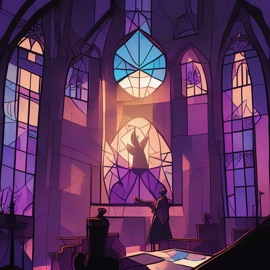 A courtroom scene, lit by an intense sunset piercing through gothic stained-glass windows and flooding the room with hues of blues, purples, and pinks. In the foreground, a pair of abstract hands representing Polygon Zero are accusing a shadowy figure symbolizing Matter Labs, hidden in the dimly-lit corner, using metaphoric chains of code, inscribed with mathematical symbols and diagrams, as evidence. The mood is tense, dramatic, stressing on the artistic representation of a legal battle in the innovative world of crypto, hinting at the ongoing feud about the paradox of sharing and plagiarism.