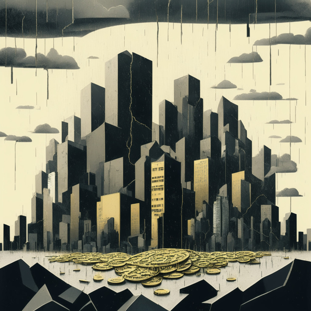 A gray, dystopian skyline of an urban city burdened by heavy taxes, a giant broken golden coin symbolizing a crypto startup in the center, stormy weather echoing turbulence. Hints of restricted growth with chains on potential saplings, symbolizing regulatory pressures. Employing a cubist style, play with light and shadow for dramatic emphasis. Mood reflects resignation and uncertainty.