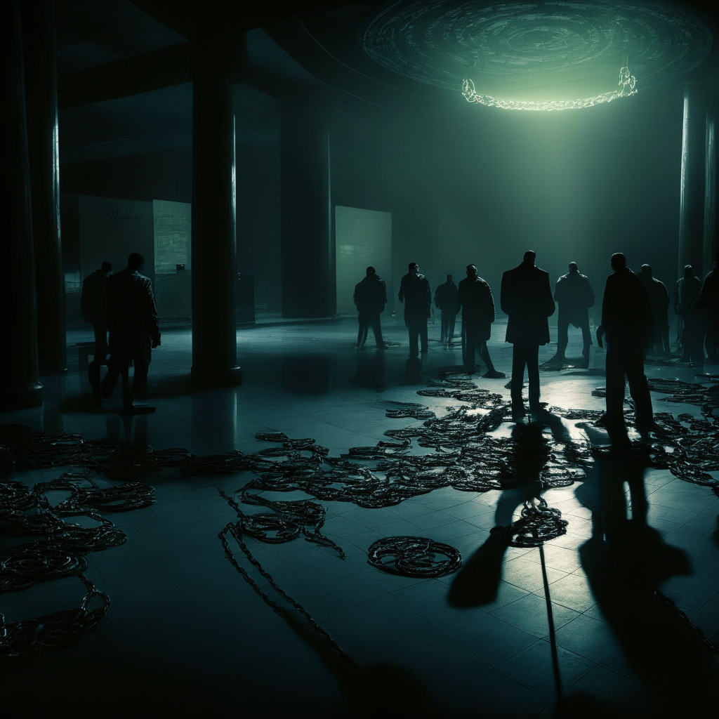 A somber cryptocurrency exchange floor, with dim and moody lighting. The atmosphere is tense, highlighting the volatility of crypto markets. Employees are seen leaving, representing a 12% staff cut. In the backdrop, heavy chains symbolize new tax impositions. The controversial 1% tax is depicted as a 1% shadow over the scene. A bear, illustrating the bearish market, looms in the corner. Despite the overwhelming mood, a flickering light in the background hints at blockchain's disruptive potential.
