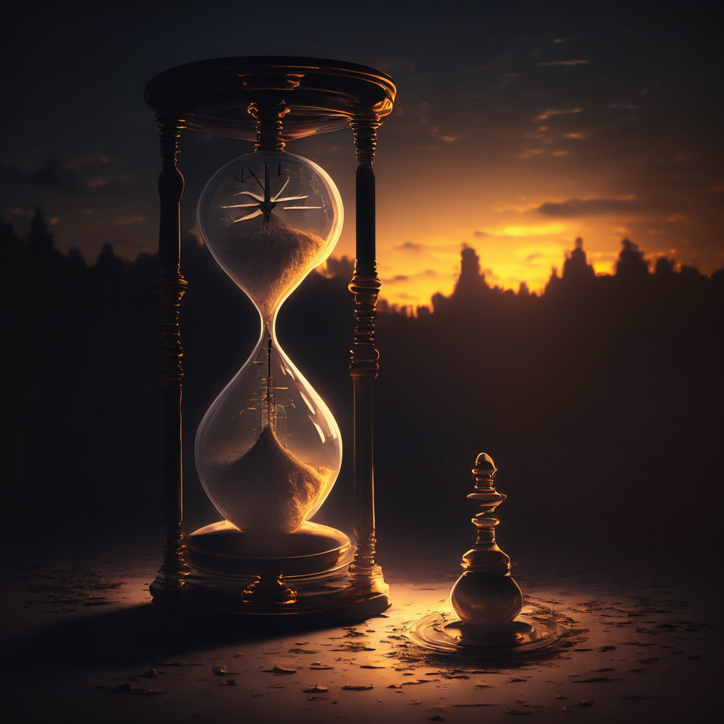 Twilight scene of an age-old hourglass transmuting into a gleaming, digital Bitcoin, evoking a paradox between tradition and futuristic finance. Candlelight subtly illuminates the scene, casting long shadows that allude to regulatory complexities, reflecting a mood of intrigued skepticism.
