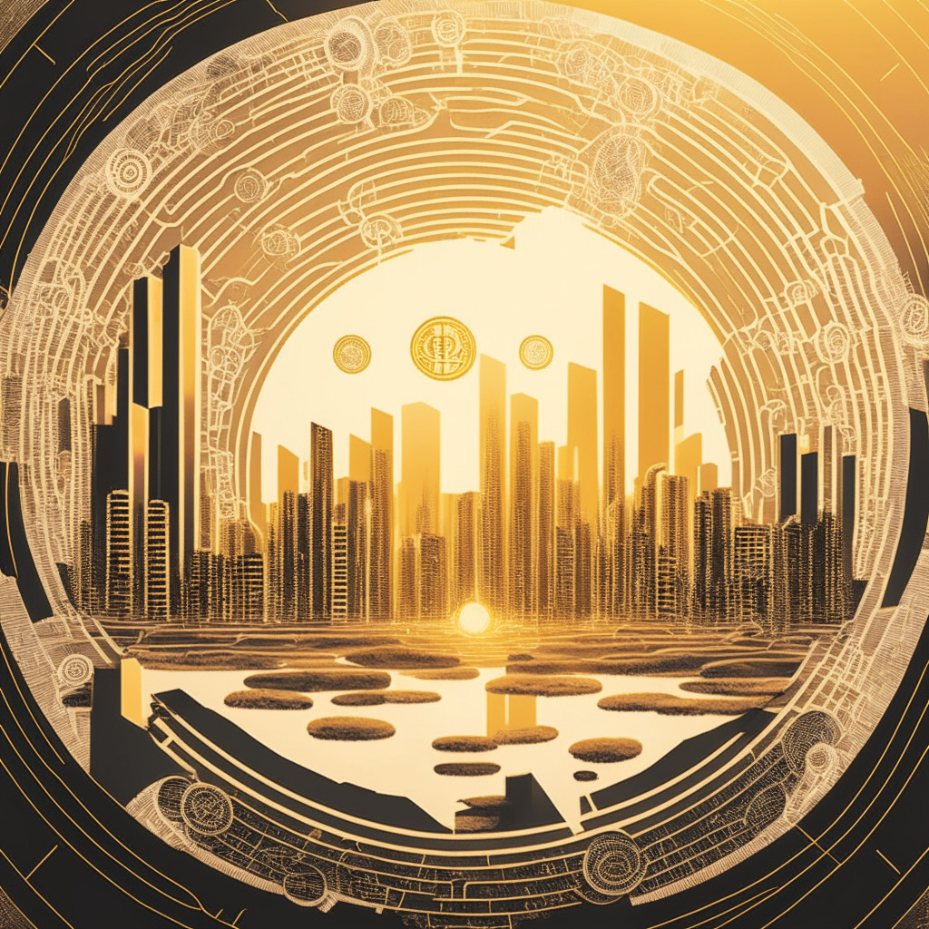An abstract financial landscape at sunset, casting soft golden hues across a complex structure made of ebbing and flowing lines to represent the ever-changing crypto market. Two interconnected circles symbolizing Coinbase and Circle link together in the center of the image, a shiny silver coin to represent USDC suspended between them. The mood is an intriguing blend of anticipation and confidence, reflecting the strategic alliance and growth of USDC in the cryptosphere.