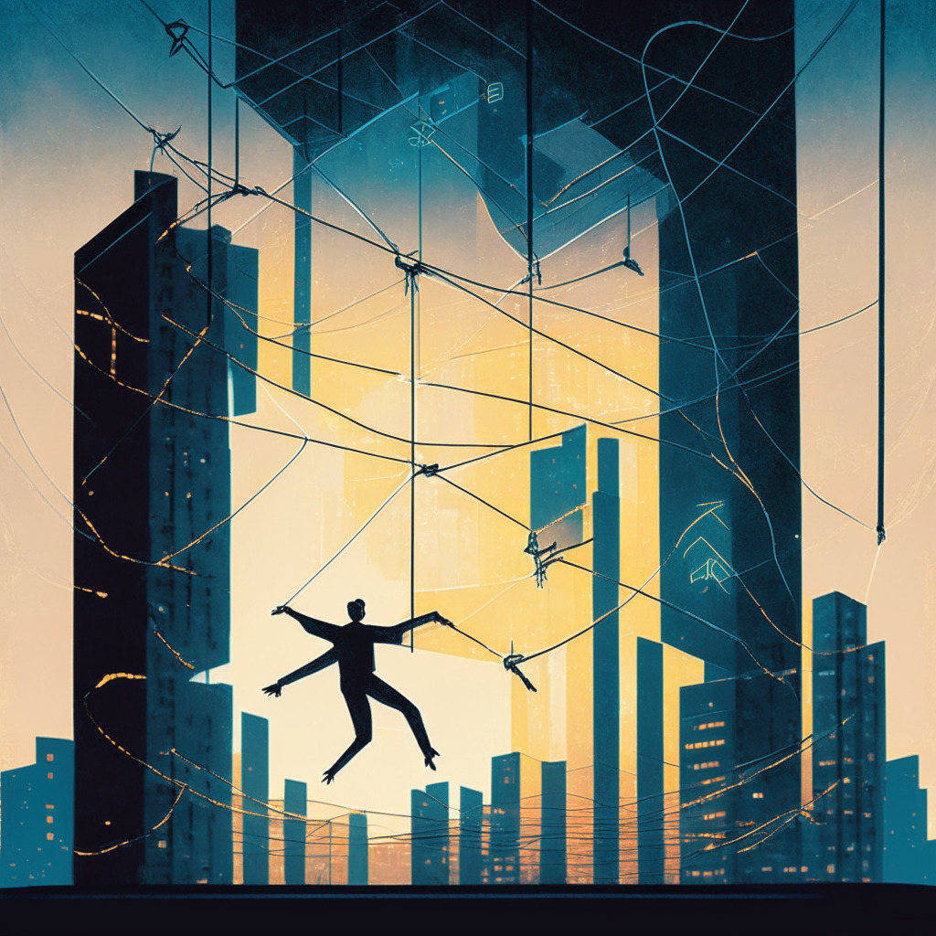 A conceptual image showing a tightrope walker delicately balancing between two buildings, each representing control and decentralization. The setting is dusk, giving the scene an air of uncertainty and urgency. The style is abstract, with blockchain symbols and glowing tokens subtly carded into sky’s canvas, embodying the Superchain vision. Mood reflects cautious optimism & intriguing complexity.