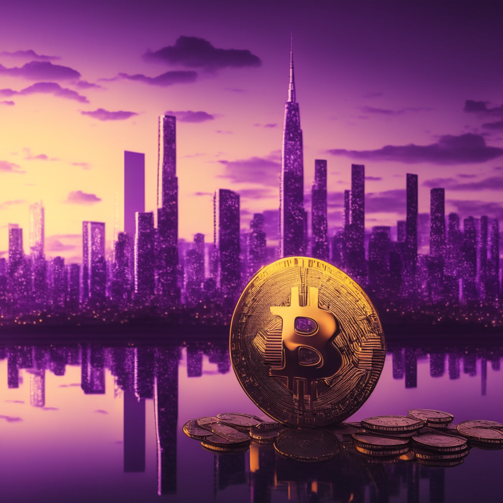 Dusk setting over a modern city skyline, cast in soft purple hues to signify the merging of traditional finance and futuristic digital currencies. In the foreground, a pair of scales balancing a physical gold coin and a translucent digital bitcoin, hinting at the mood of cautious optimism. Incorporate elements of Futurist art, symbolizing the breakthrough of cryptocurrency into regulatory acceptance.