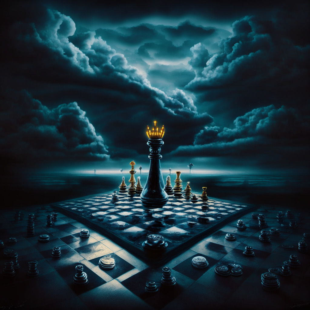 Dark, moody image of a chessboard with crypto coins as playing pieces, each bearing symbols of Tether, Dai, and Rai Reflex. Impending storm clouds above implies a turbulent regulatory climate, with vibrant Northern Lights symbolizing hope and innovation, in a surrealistic style. The scene is lit with diffused, ambiguous twilight, creating a tense atmosphere.