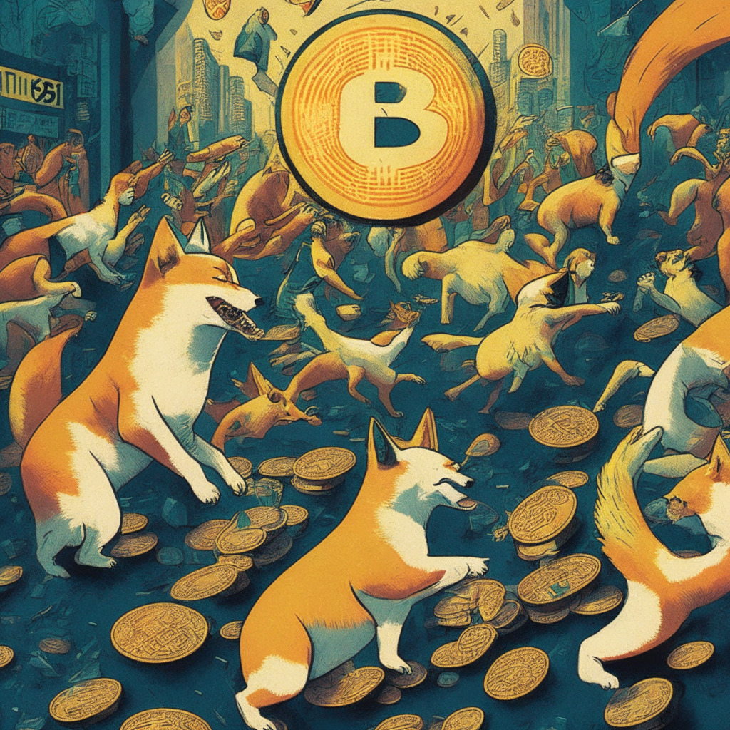 A stylized neo-expressionist interpretation of the crypto market, showing a detailed scene in the heart of a bustling exchange. The image should evoke a sense of uncertainty amid market volatility, while showcasing tokens like Shiba Inu and Dogecoin as bright spots in a turbulent environment. Symbols of increased debt buyback offers, underwhelming investor responses, regulatory clampdowns and evolving investor strategies should be subtly interwoven. The artistic style should incorporate bold, dramatic lines and color contrasts indicative of the ever-changing crypto sphere. The mood of the image, inspired by the pervasive unpredictability, might oscillate between anticipation and vigilance. Use polished, sleek lighting to add a crucial element of sophistication to the overall setting.