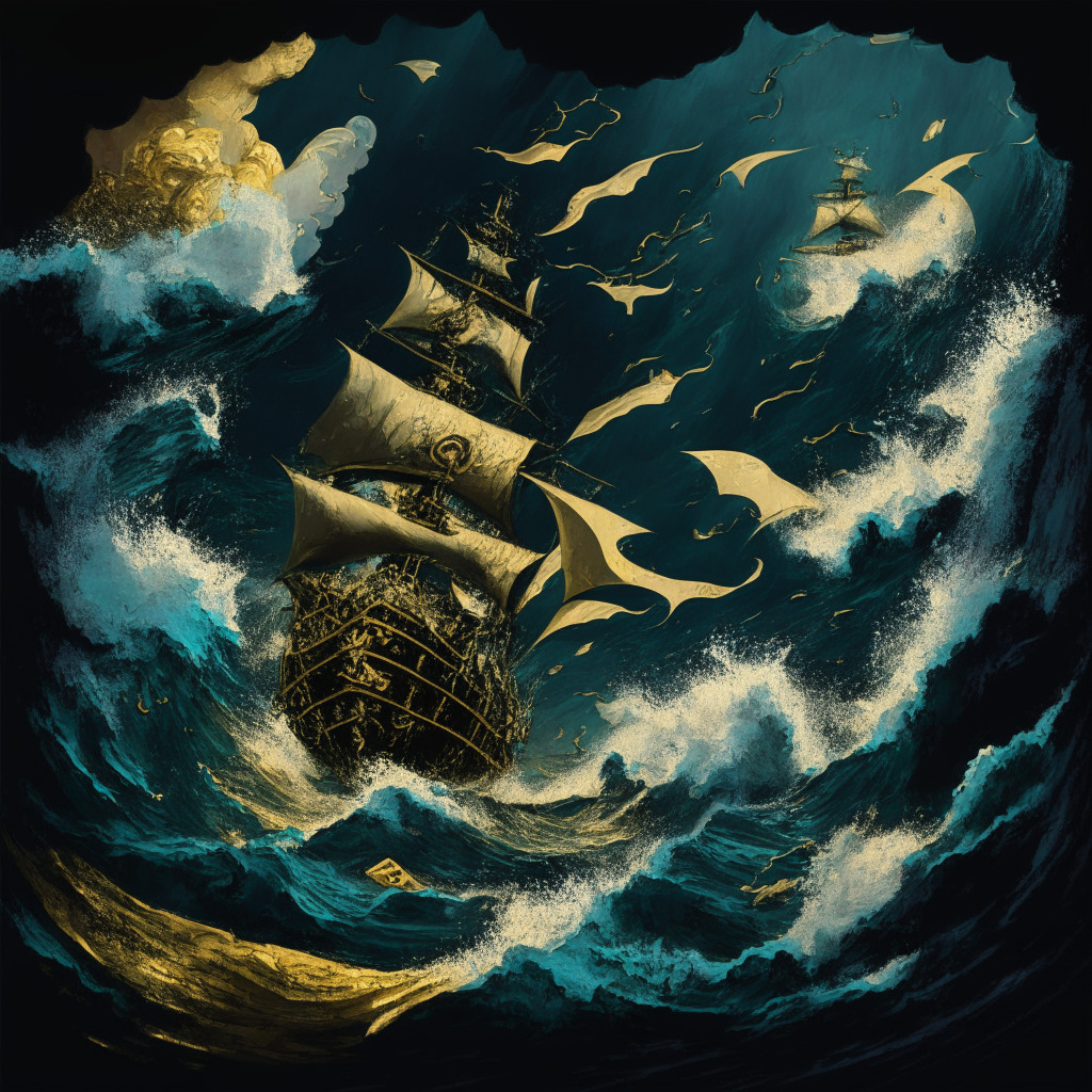 An abstract representation of financial trading, showing a turbulent sea with a coin-operated galleon battling against the powerful waves, displaying the conflict between bullish analysts and the approaching market storm. The palette is dominated by dark, brooding colors to evoke a sense of looming danger, offset by glistening gold of fluctuating cryptocurrencies. The artistic style is reminiscent of Romanticism, with the mood being one of tense anticipation.