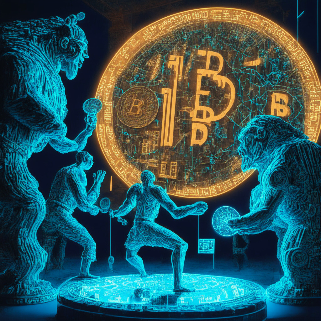 Cryptocurrency trading showdown between intricately carved giants representing Coinbase and Binance, bathed in the cool glow of their digital territories. The scene exudes a palpable tension as they vie for supremacy, a dizzying swirl of numbers and graphs dancing around them. The figures' faces bear confident, focused expressions hinting at their strategic planning and globe-trotting ambitions.