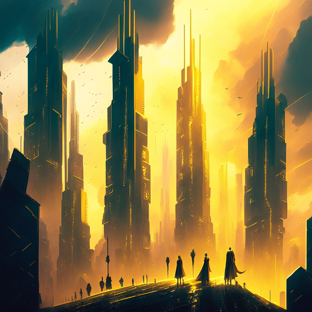 A futuristic city with towering digital skyscrapers representing the burgeoning crypto community, under a contrasting stormy sky, symbolic of regulatory conflict. Small figures with banners rally together, symbolizing Stand with Crypto Alliance, bathed in a spotlight, beaming hope amidst the tumult. The golden hues of resurgence indicate a dedicated strive for clarity, paralleled with dynamic undertones, suggesting a shift in exuberance towards legislative matters.