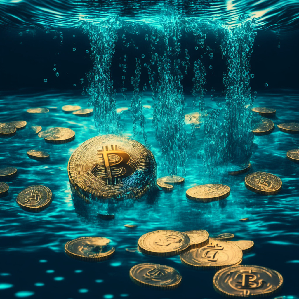 Surreal image of cryptocurrency coins cascading into a pool, symbolizing the speculated investment. Infuse a risk versus reward theme with a bright, pulsating glow from the coins and a shimmer of uncertainty on the water. Craft the image in a neo-futuristic style, with an exciting yet tense mood as though capturing a crucial moment.