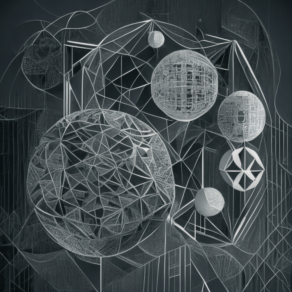 An abstract imagery portraying the strengthening ties between two symbolic entities in the cryptocurrency industry, imbued with a hint of tension. Picture an intricate geometric pattern to symbolize cryptocurrencies, a stark dividing line implying restructuring, touching spheres to show equity, and shared resources to depict revenue. Set in a grayscale palette for a serious mood, with dramatic shadow play denoting an uncertain future, soft light implying cautious optimism, and a visual representation of the expanding universe signifying expansion plans.