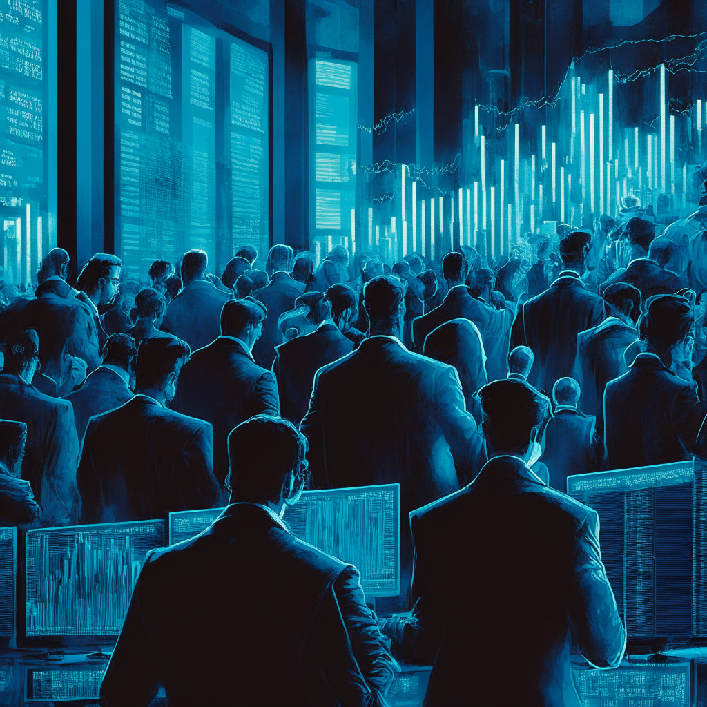 A bustling stock market scene reflecting the crypto world, with traders engrossed in screens displaying fluctuating graphs symbolizing Bitcoin and other assets. Predominantly in deep hues of blues and silvers, with an art deco style. The light source is artificial, creating a dynamic yet intense atmosphere showcasing the unpredictable nature of the crypto market.