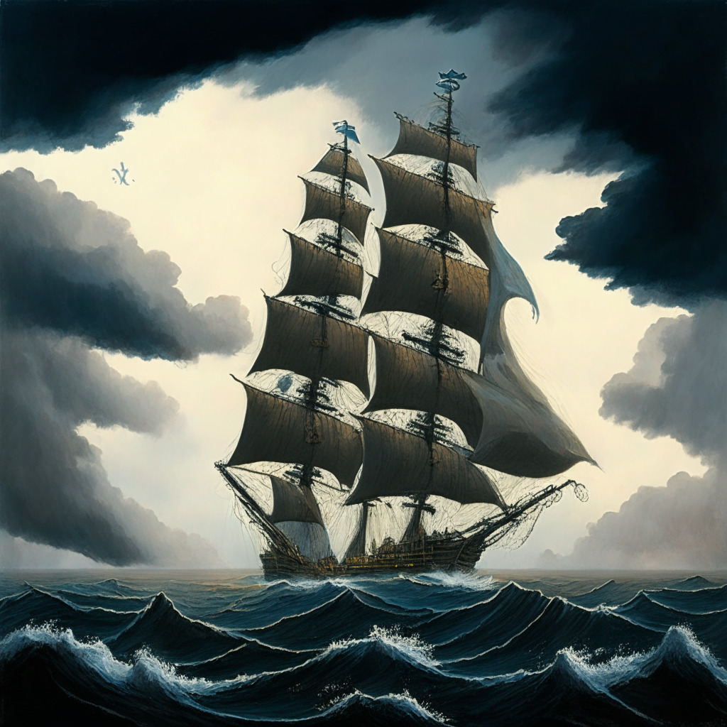 A detailed illustration of a ship sailing into the wide uncharted waters, the rigging echoing with the struggle of uncertainty, under a cloudy yet hopeful sky. The ship's mast bears the symbol of Bitcoin. A distant shoreline should feature newer, prosperous lands symbolizing recovery. The artwork should be in an oil painting style, with somber yet ethereal lighting, capturing the mood of cautious optimism, resilience, and resolve. The overall aura should be of a mysterious, classic seascape, embodying the adventurous and uncertain journey of Coinbase.