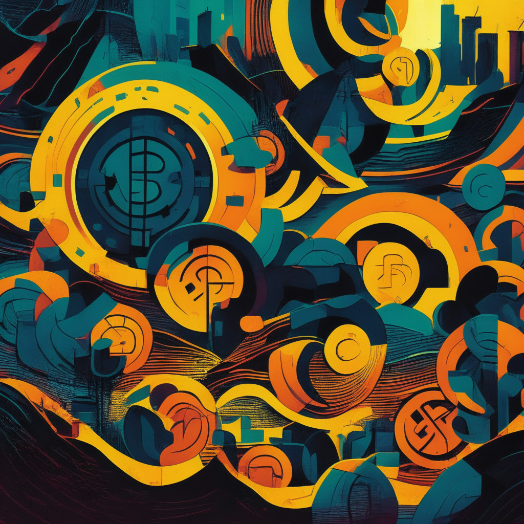 An abstract depiction of a crypto exchange in twilight, a mixture of warm and cool colors representing fluctuating financial figures. Incorporate ominous shadows to symbolize underlying issues and legal pressures. Illuminate the scene with a flicker of optimism, capturing the resilient spirit despite challenges. Use Van Gogh-like swirls to show the chaotic yet hopeful financial landscape. Set the overall mood as complex yet hopeful.