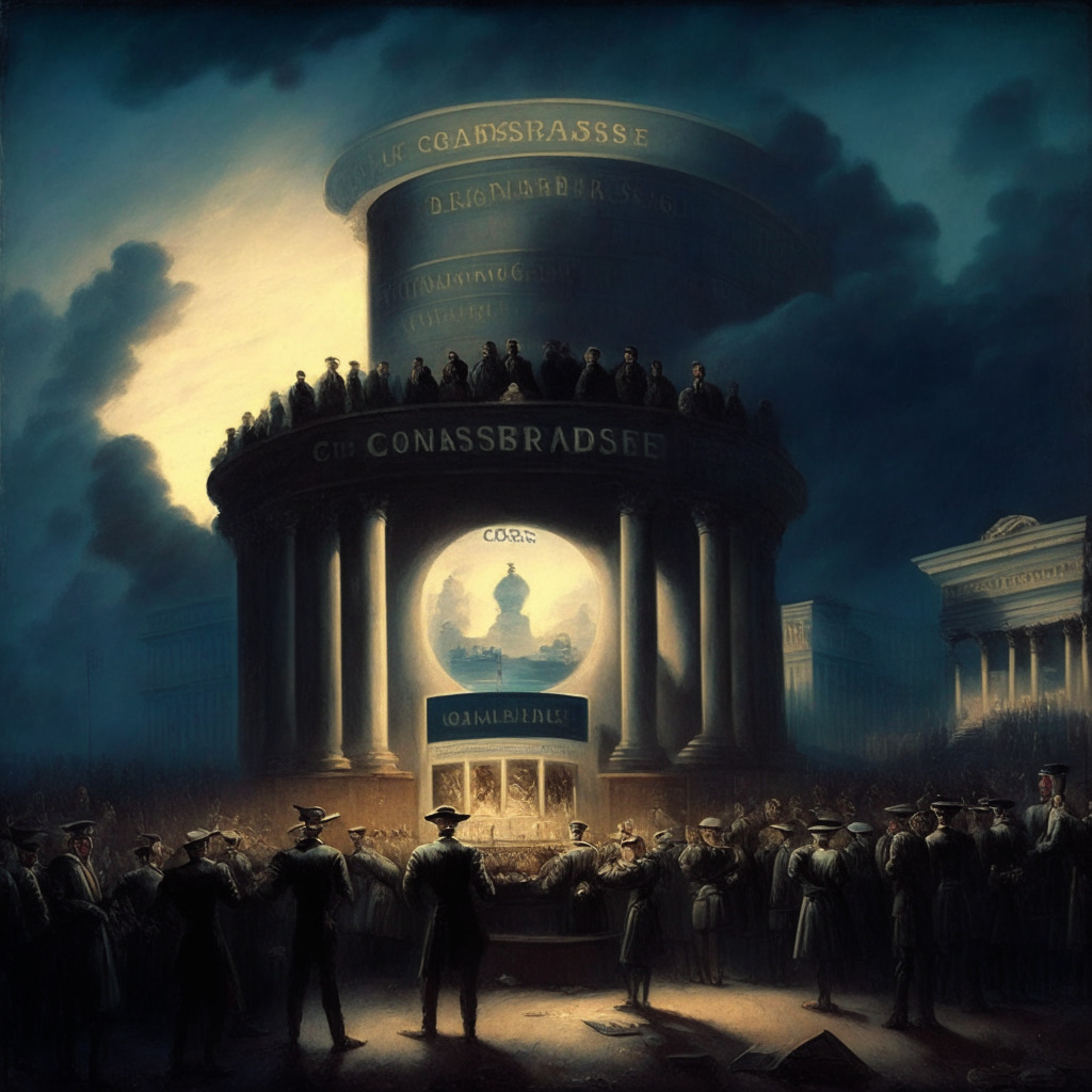 19th century oil painting of a financial arena, filled with metaphoric representations of top banks as spectators, observing a silver lining over a futuristic crypto exchange stand labeled 'Coinbase'. The stand is bathed in soft twilight, hinting concerns amidst success, evoking a suspenseful mood.
