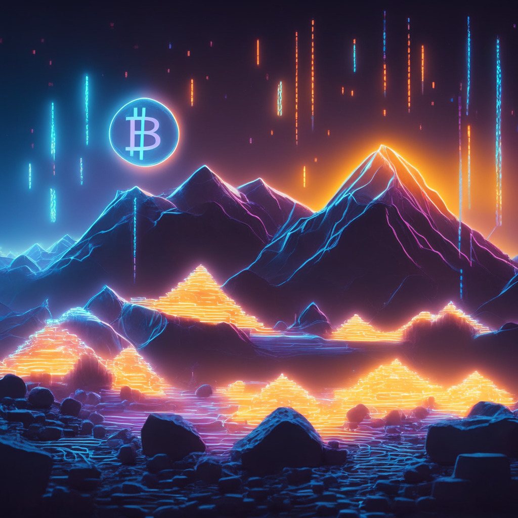 A luminous, abstract representation of a digital landscape, lit by a soft, ethereal glow. In the foreground, simple metaphoric icons representing Bitcoin and Ether futures contracts, solid yet shimmering in the neon light. In the background, symbolism of potential challenges and breakthroughs, illustrated as distant mountains to traverse. The whole scene is imbued with contrasts, cast in a chiaroscuro style, emphasizing the revolution & struggle within the crypto industry. Mood: anticipatory yet conflicted.