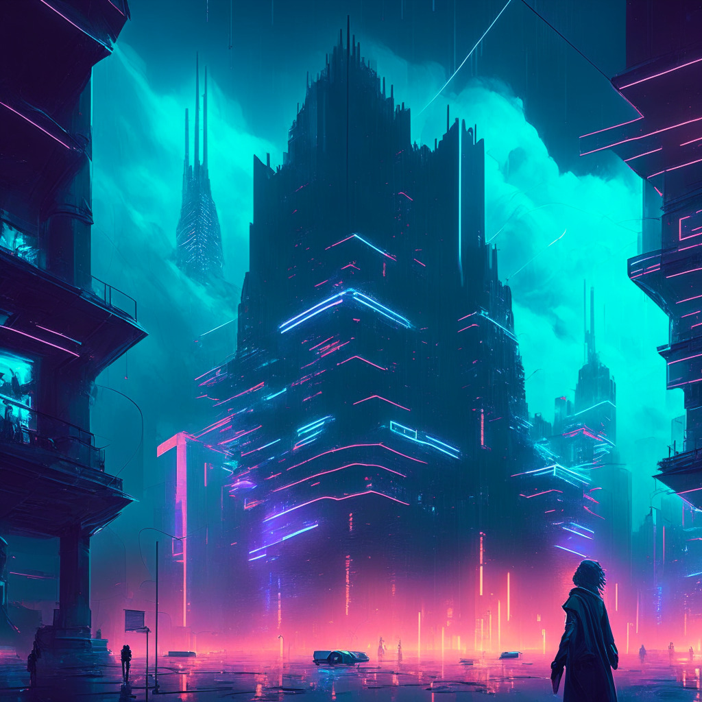 Futuristic cityscape energized with neon lights, representing Coinbase’s mainnet launch featuring public square bustling with diverse users amidst grand architecture symbolizing innovative Ethereum blockchain technology. Ethereal Layer-Two solution scaling up into radiant cyber clouds. Mood: Mix of exhilarating anticipation & thoughtful contemplation. Art style: Cyberpunk.