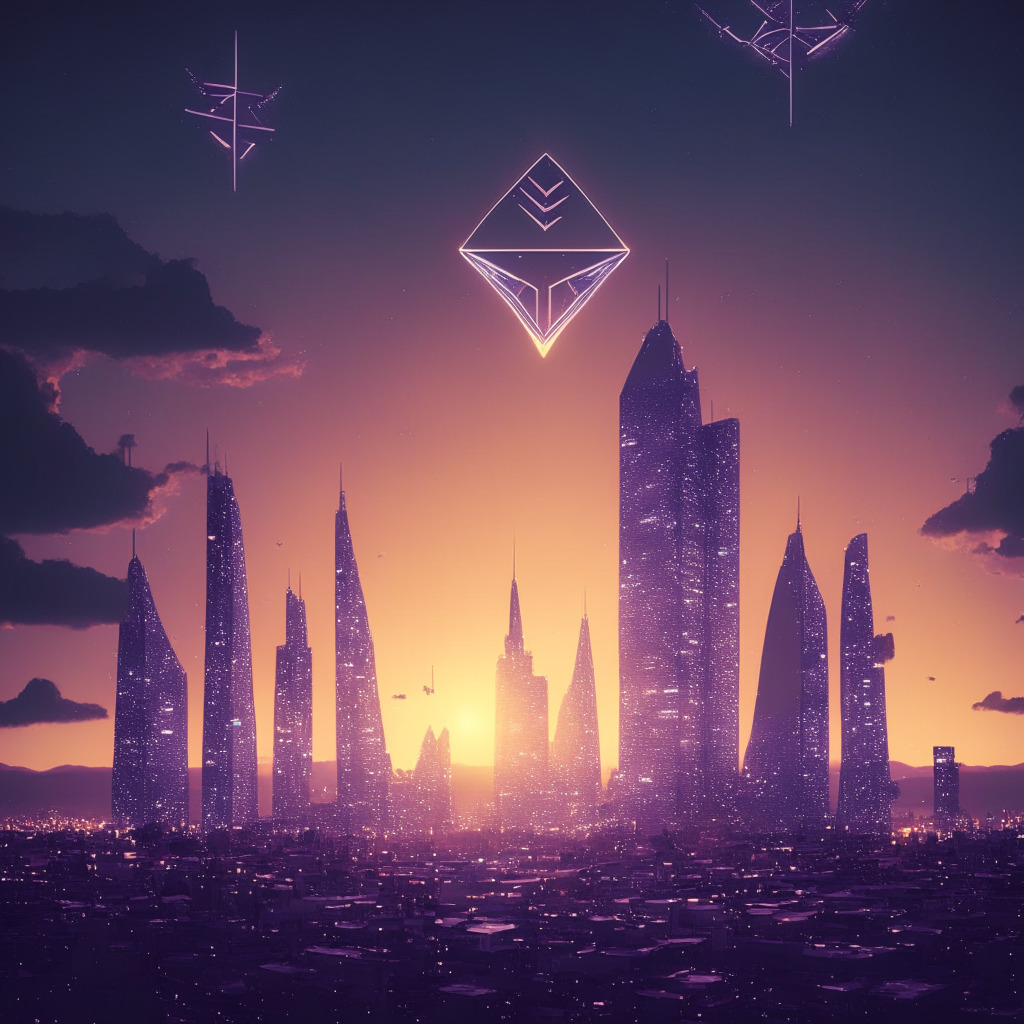 A futuristic city skyline illuminated by a soft sunset, Ethereum logo subtly integrated into the architecture. A trailblazing spacecraft, embossed with the Coinbase emblem, ascends into the sky, symbolizing the advent of their inventive blockchain layer, Base. The city buzzes with an array of tiny drones, embodying innovative apps tethered to the network. The scene spawns a sense of daring exploration, innovational orientation; it's wrapped in an ambience of uncertainty, denoting inherent business risk.