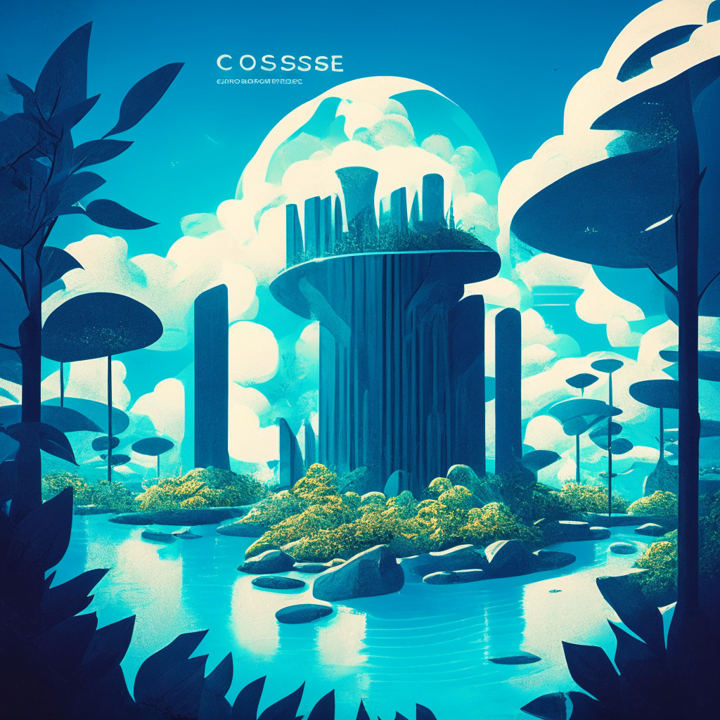 Illustrate a flourishing digital landscape under a bright sky symbolizing optimism, with the main focus on the towering presence of Coinbase's Base represented as an impressive, futuristic structure. Add flowing streams denoting incoming users, with 30% being fresh foliage symbolizing new comers to the blockchain. The picture should cast deep shadows with caution signs to depict potential risks. Feature in the horizon a resolute Bank of Canada building to portray an existing robust banking system, posing as a counter-balance. Render in digital-art style to imbue a tech-heavy mood.