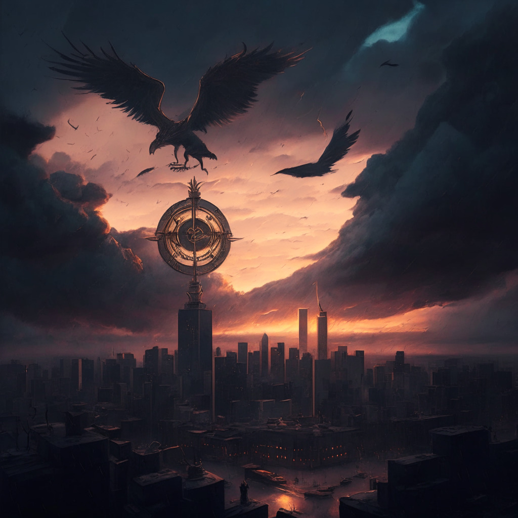 An atmospheric cityscape at twilight, stormy clouds overhead, reflecting the volatility of the crypto world. Dominating the view: a giant bronze compass, its needle wavering. In the foreground, a phoenix rising from ashes portrays the hope for resilience, while unseen hounds lurk in shadows, representing uncertainties and regulatory challenges.