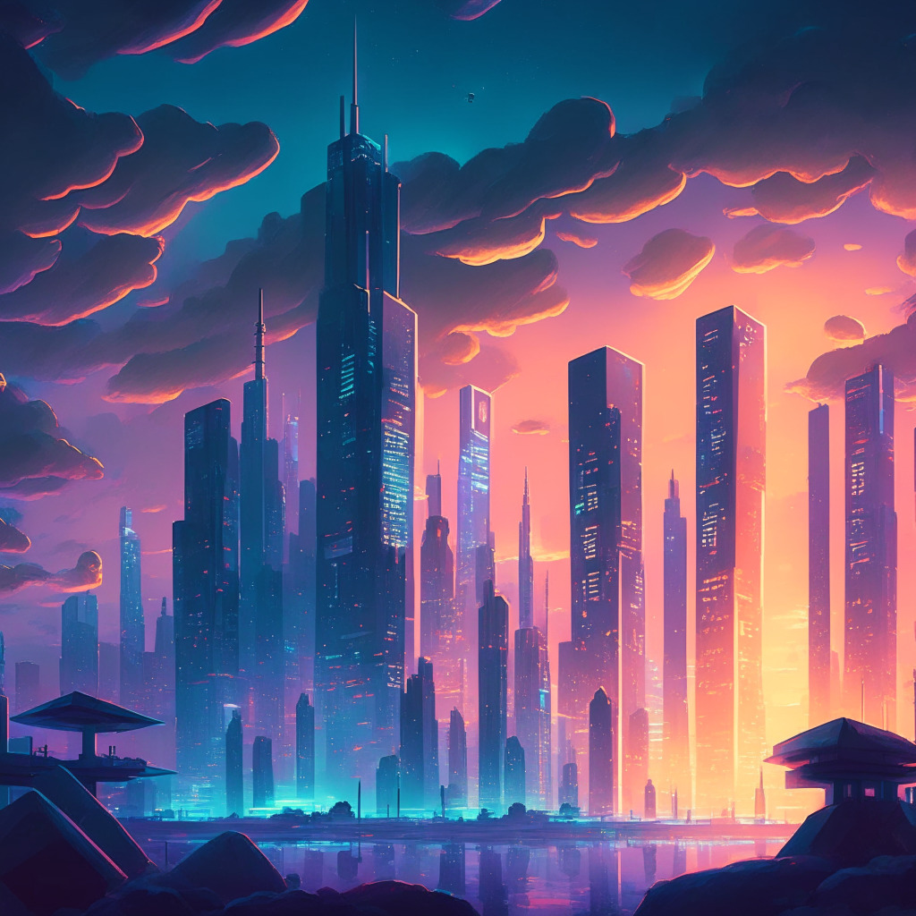 A futuristic cityscape at dusk, the sky painted with soft pastels signifying a transition phase. Featured prominently in the scene is a symbolic representation of Coinbase, a modern fortress symbolizing strength and durability. It's enveloped by a myriad of glowing, digital cryptocurrency symbols, predominantly Bitcoin and Ethereum. The city is abuzz with activity, suggesting a burgeoning industry, the atmosphere radiates anticipation, curiosity and robust growth.