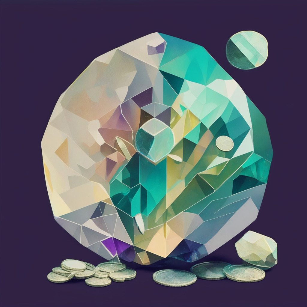 An abstract art-inspired image of a coin transforming into a multifaceted gem, reflecting a transition from dependency on transaction fees to recurring revenues. The coin, an embodiment of Coinbase, subtly hints at a future shaped by changing market conditions. Utilize muted, pastel colors to capture the uncertainty and potential change in investor perceptions, with light focused on the evolving gem to showcase emerging opportunities.