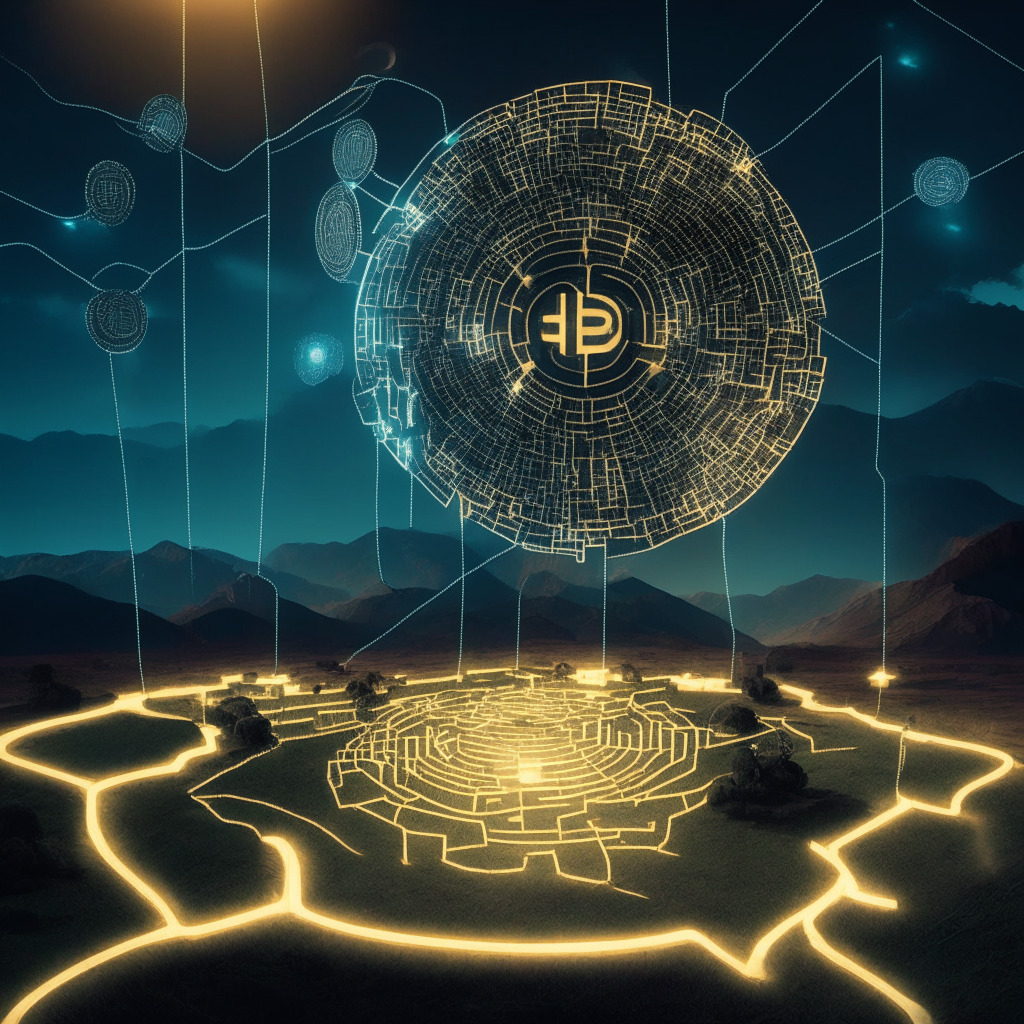 A vast landscape depicting the economic exchange between Colombia and Argentina, created in a futuristic digital art style. The spotlight falls on a giant digital coin, symbolizing the nCOP stablecoin, floating on a network of glowing circuits, representing the Polygon network. Shadows hint at regulatory hurdles, creating a tense mood. A transparent chain links the coin to a multitude of small users, symbolizing incentivized adoption, surrounded by a warm glow representing optimism. Meanwhile, a looming cloud with the shape of a bank symbolizes potential restrictions from the central bank. The overarching ambiance is one of ambition, meeting resistance.
