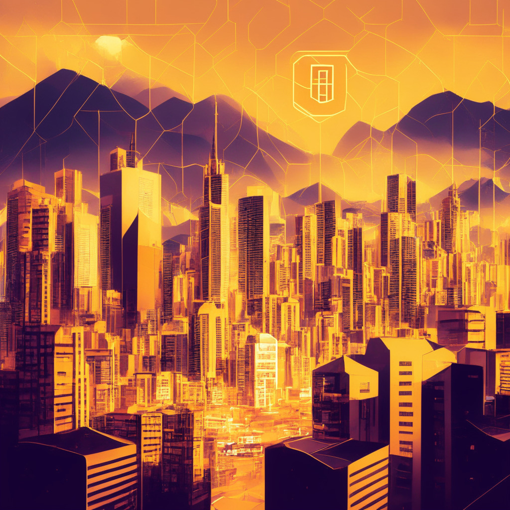 Digital illustration of vibrant Bogota cityscape at dusk, with buildings emanating a golden honey hue. A futuristic polygon network overarches the city. A large symbol of nCOP stablecoin floats above, emitting a secure and promising aura. In the foreground, depictions of Colombian pesos transforming into nCOP, symbolizing the remittance market. Mood: Optimistic anticipation, caution.