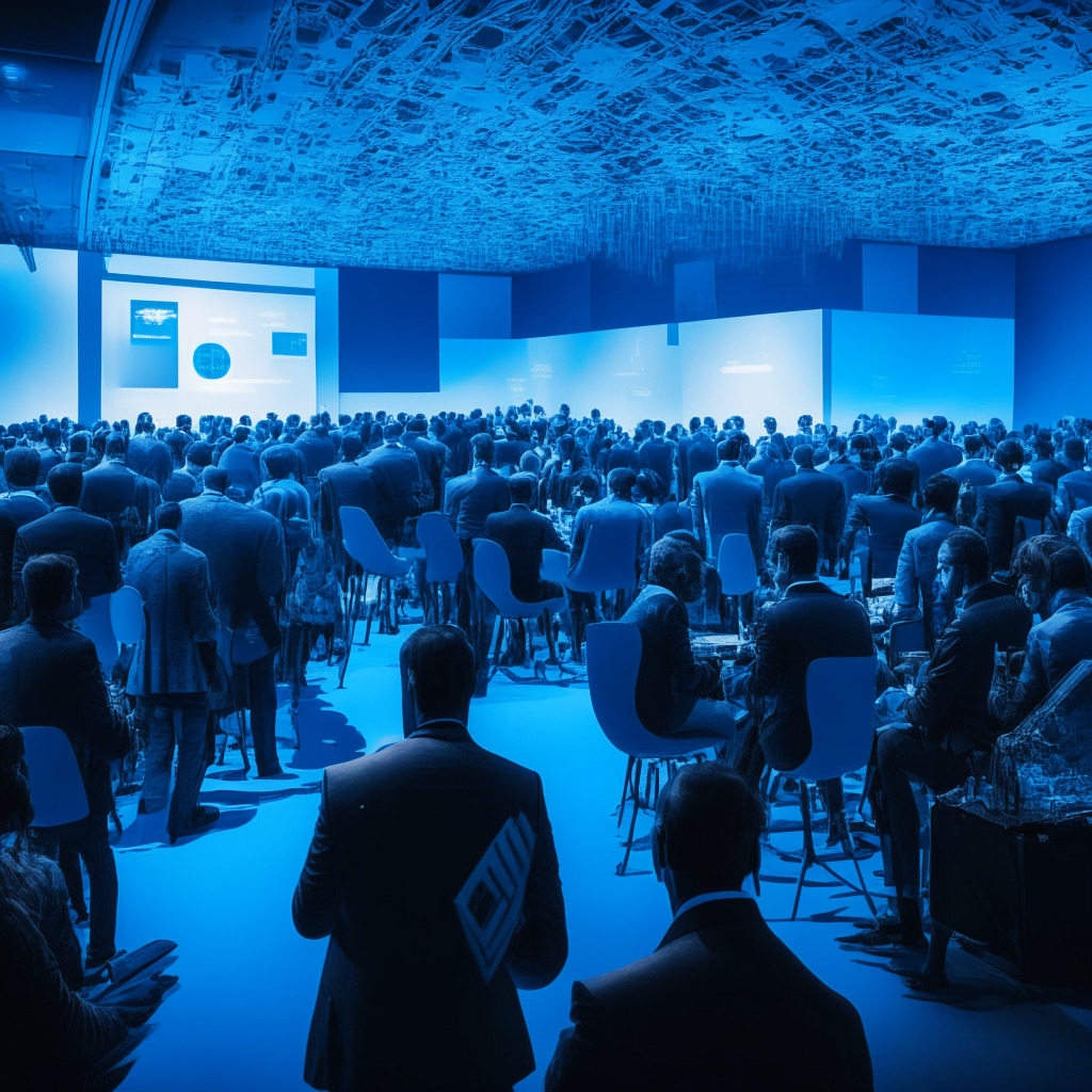A futuristic fintech conference setting in Melbourne, bathed in soft blue hues reflecting the world of digital currencies. Multitude of figures engrossed in deep conversation, symbolising networking and open communication. In the foreground, a sophisticated AI conducting Anti Money Laundering checks, representing safety measures. Amidst it, a dark shadow subtly personifying scams, disrupted by beams of light; metaphor for regulatory intervention. Mood: Determined, resolute.
