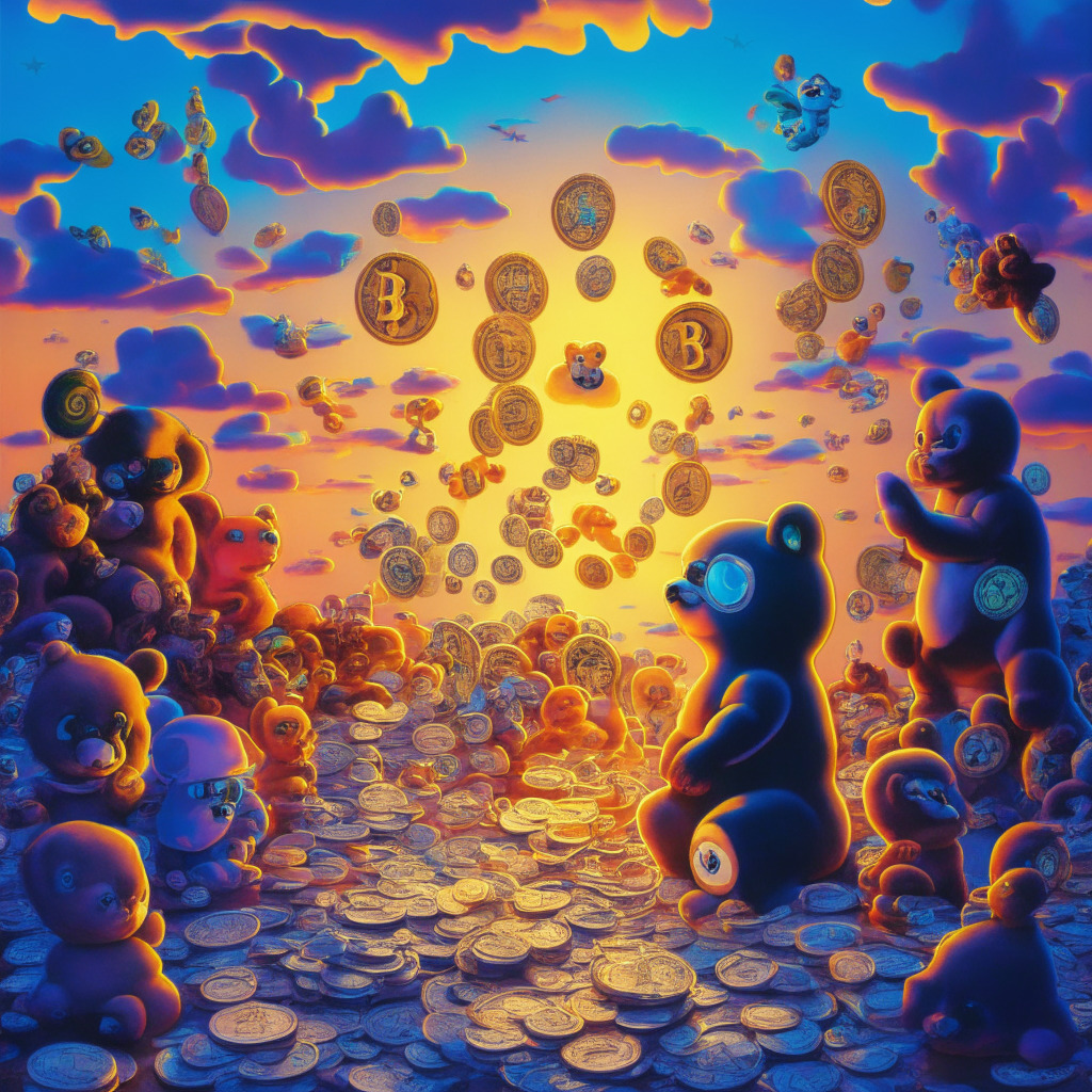 A vivid visual representation of a 90s nostalgic scene featuring Beanie Babies and cryptocurrencies cleverly blended together, executed in a surreal artistic style. The setting is under a fluctuating light, rapidly shifting between sunrise, midday, and twilight, symbolizing volatility. The Beanie Babies are curiously inspecting symbolic depictions of Bitcoin and Ethereum, casting an air of uncertainty. The background teases a burgeoning cityscape visioned out of blockchain patterns, alluding to the potential of the burgeoning tokenization industry. Capturing a juxtaposition of light-hearted humor and serious economic exploration in its mood.
