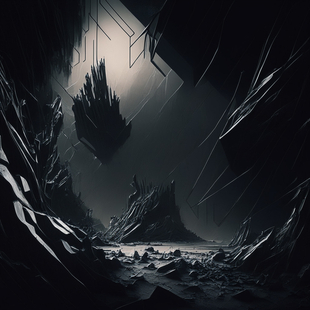 A dark, brooding digital landscape representing the Terra blockchain under attack. Bristling, aggressive lines depict an invasion of a once secure, crystalline structure. Implementation of chiaroscuro subtly conveys the concept of cybersecurity breaches. A subtle, distressing palette emphasises the dangerous, unstable tone of the scene.