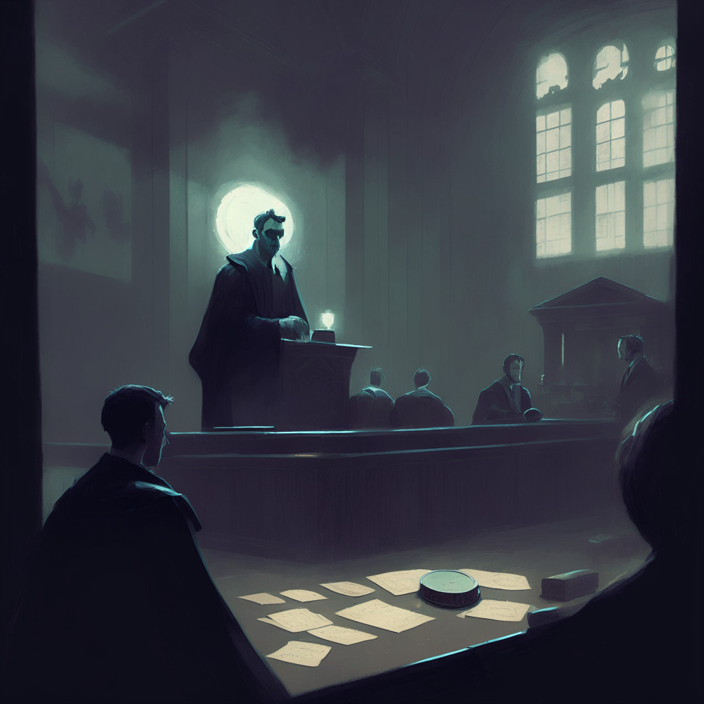 A courtroom shrouded in soft, grim evening light, symbolizing the brewing court battle. A central figure thoughtfully cradling an oversized, ghostly Ethereum coin, representing Joel Dietz, forgotten co-founder. A phantom, pixelated MetaMask wallet floats beside him, indicating the controversial subject. The style is reminiscent of a neo-noir painting, creating a suspenseful and dramatic atmosphere.