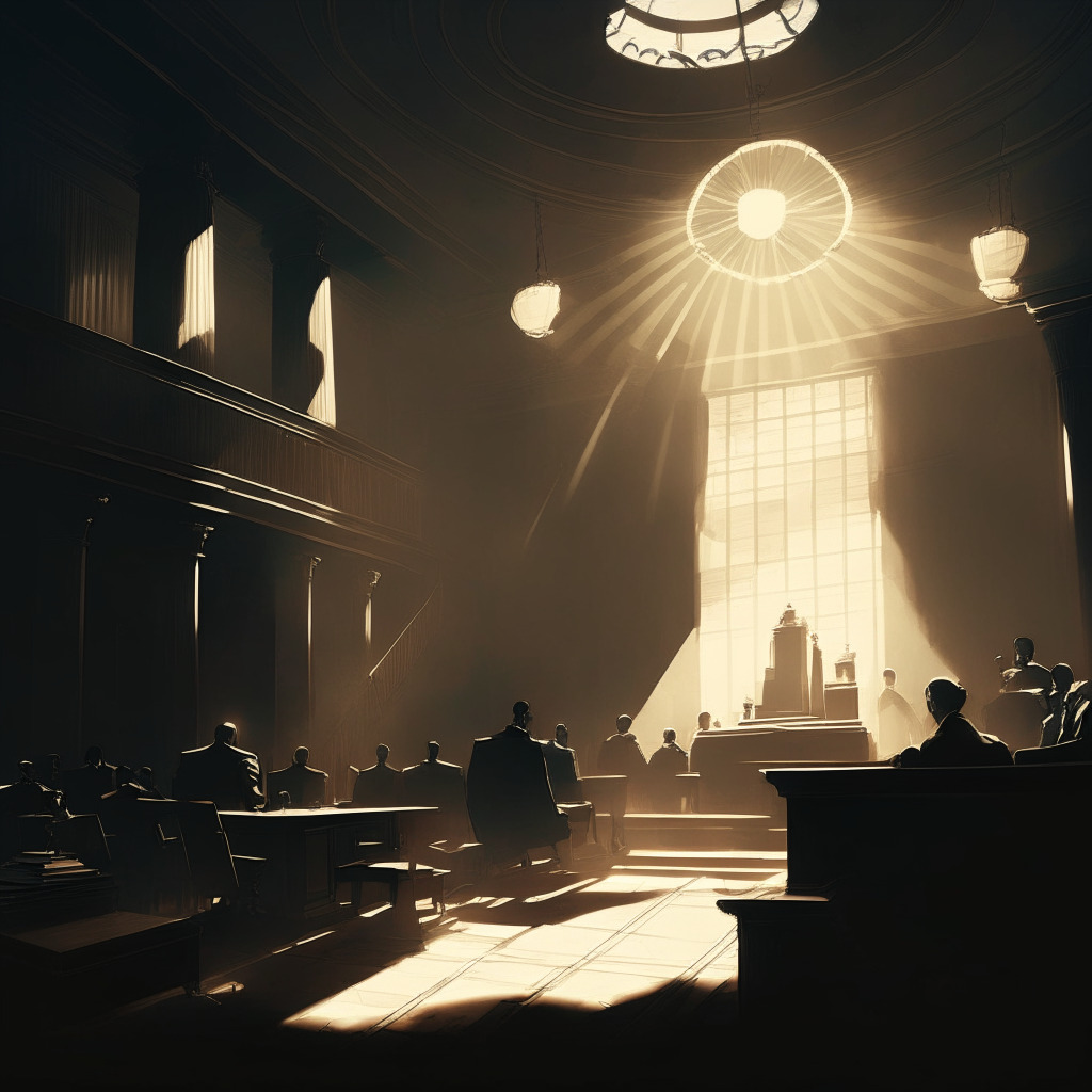 A courtroom bustling with activity, sharp contrasts of light and shadow resembling the style of Chiaroscuro painting. In the foreground, a cryptocurrency coin seemingly in the spotlight, abstract symbols of law and justice rendered and footsteps leading to a negotiation table, all emit an atmosphere of tension, enigma and fortitude.