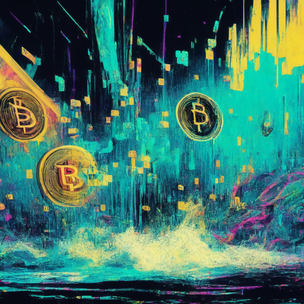 An abstract representation of a fluctuating cryptomarket, Bitcoin Ordinals in deep plunge, OpenSea's tools in stalled motion, and Frend.tech's flourishing emergence. The artistic style must be a blend of impressionism and crypto-punk. Picture a scene limned in cool colors to indicate the downturns, dynamic light setting for dramatic contrast, and a springtime vibe to suggest the rapid growth. Evokes a sense of intrigue, anticipation, and dynamism.