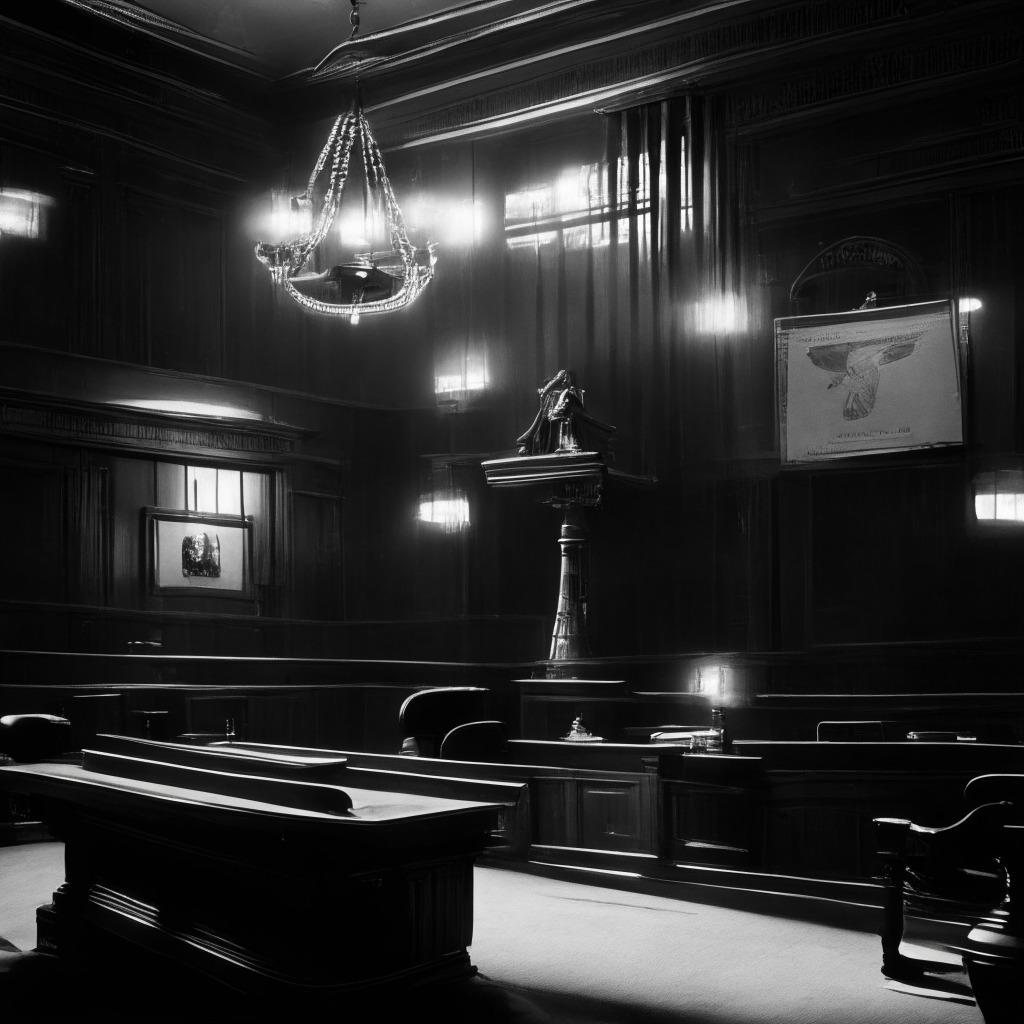 A late-20th-century courtroom, under softened light of a vintage chandelier reflecting off polished oak furniture, a grand gavel mid-strike. In the background, a giant grayscale coin and official SEC documents serve as metaphoric backdrop, illustrating a pivotal point in financial history. The scene exudes a solemn atmosphere, tension palpable as scales of justice symbolize the regulatory tug-of-war in the crypto space.