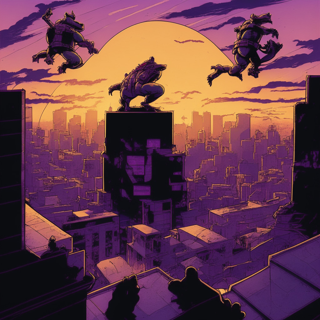 A majestic cityscape at sunset, bathed in a nostalgic purple hue, reminiscent of an 80's style comic book illustration. The TMNT making their iconic leap from rooftop to rooftop, casting long shadows that hint at their enduring adventure. In the sky, a large, mystic coin glowing with golden radiance - Cowabunga Coin, as cleverly interwoven binary code glints on its surface. The atmosphere, touched with anticipation and a mild, pulsating energy, mirrors the intriguing blend of nostalgia and the thrill of cryptocurrency.