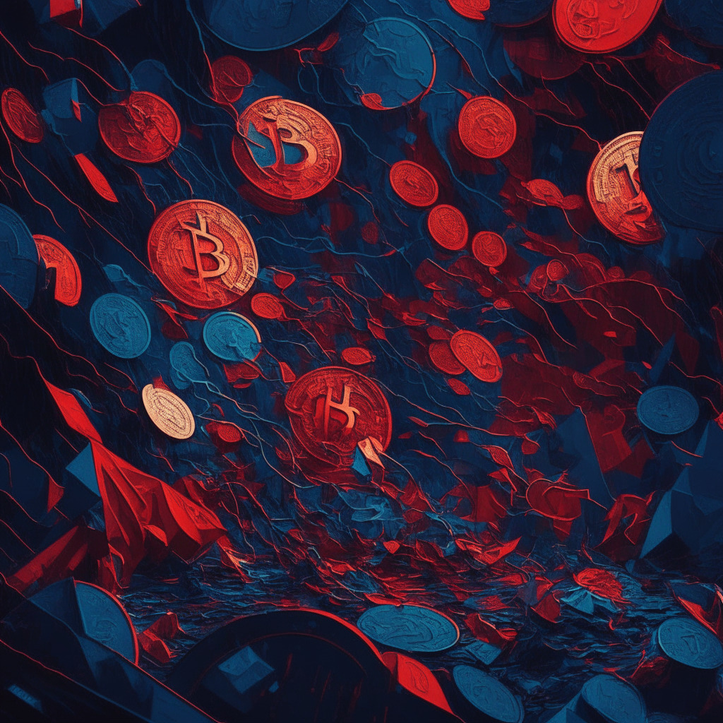An abstract representation of a turbulent cryptocurrency market, filled with shades of deep reds and blues, contrasting shapes represent Bitcoin and Ether coins falling starkly in a stormy market. An art nouveau style with a somber emotional tone, the picture is lit with harsh lights to emulate the sudden market crash, showing the frenzy of countless traders amid the chaos.