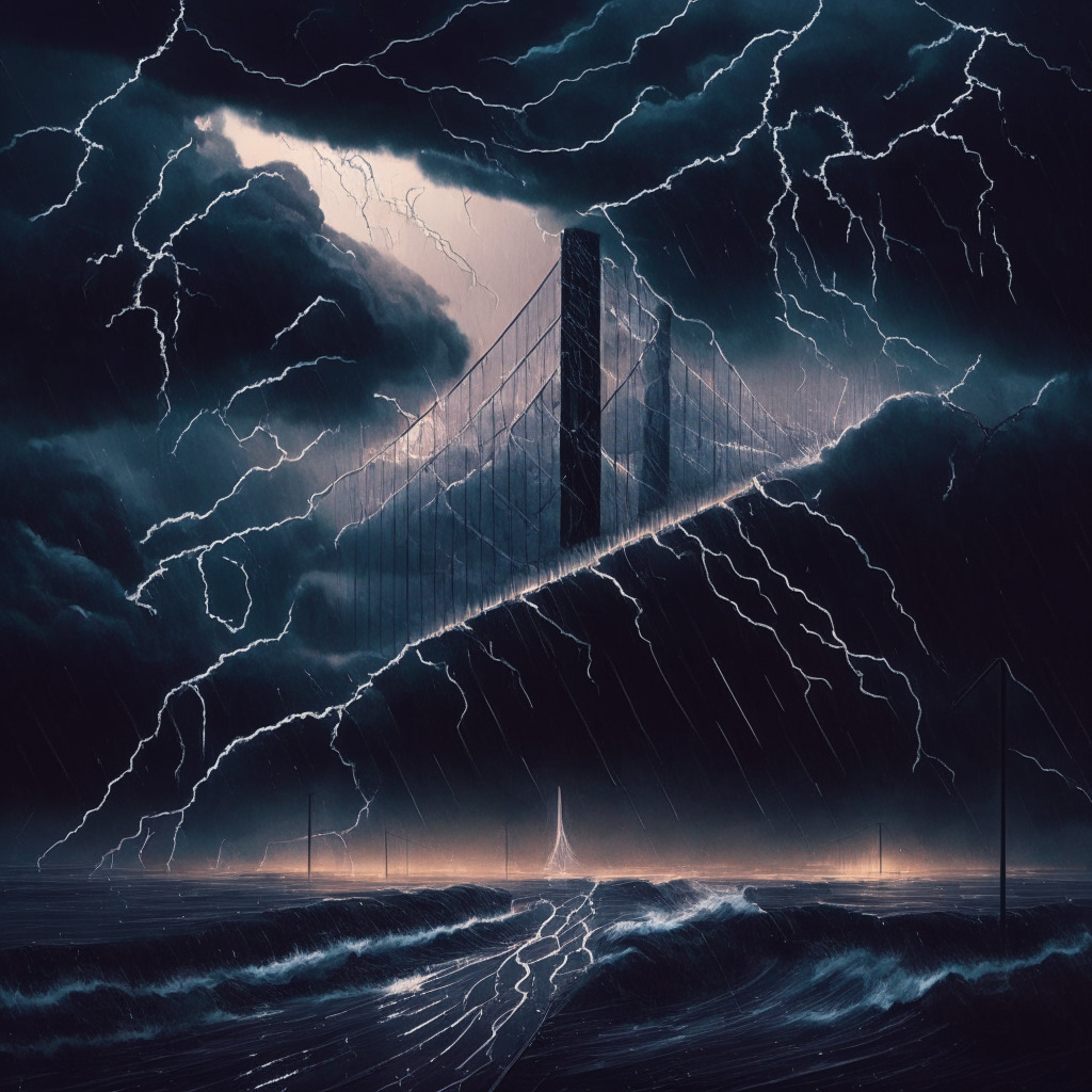 A depiction of a digital bridge, stretching over a churning sea of code, cloaked in dusky twilight hues. The bridge represents cross-chain transactions, yet parts are crumbling, hinting at recent breaches. Overhead, storm clouds, punctuated by shards of dramatic lightning, symbolise turbulence in the crypto market. The overall mood is foreboding, with rays of golden light piercing through the clouds, hinting at potential resurgence.