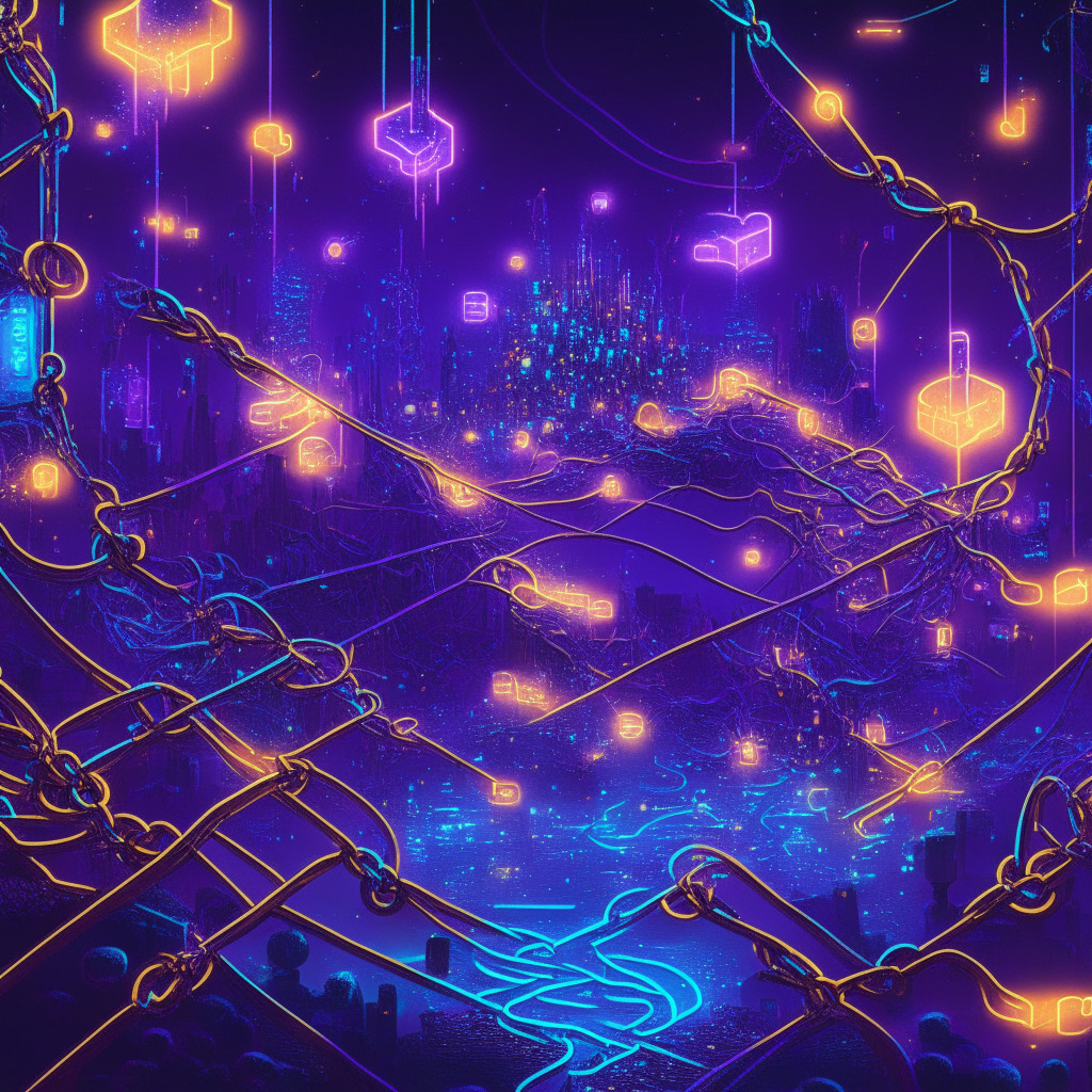 A neo-futuristic universe filled with glowing digital chains intertwining and converging, symbolizing different blockchain networks. The scene has a vibrant, twilight atmosphere, bathed in radiant neon blues and purples, hinting of mystery and discovery. Scattered amidst the chains are small, golden bridges and portals, representing cross-chain bridges and atomic swaps, and embedded within the intricate chains are numbers and codes, hinting at diverse coding languages and algorithms. The mood of the image is hopeful yet introspective, manifesting the challenges and potential solutions in the path of cross-chain interoperability, but always gazing forward towards the promise of a more connected, decentralized digital future.