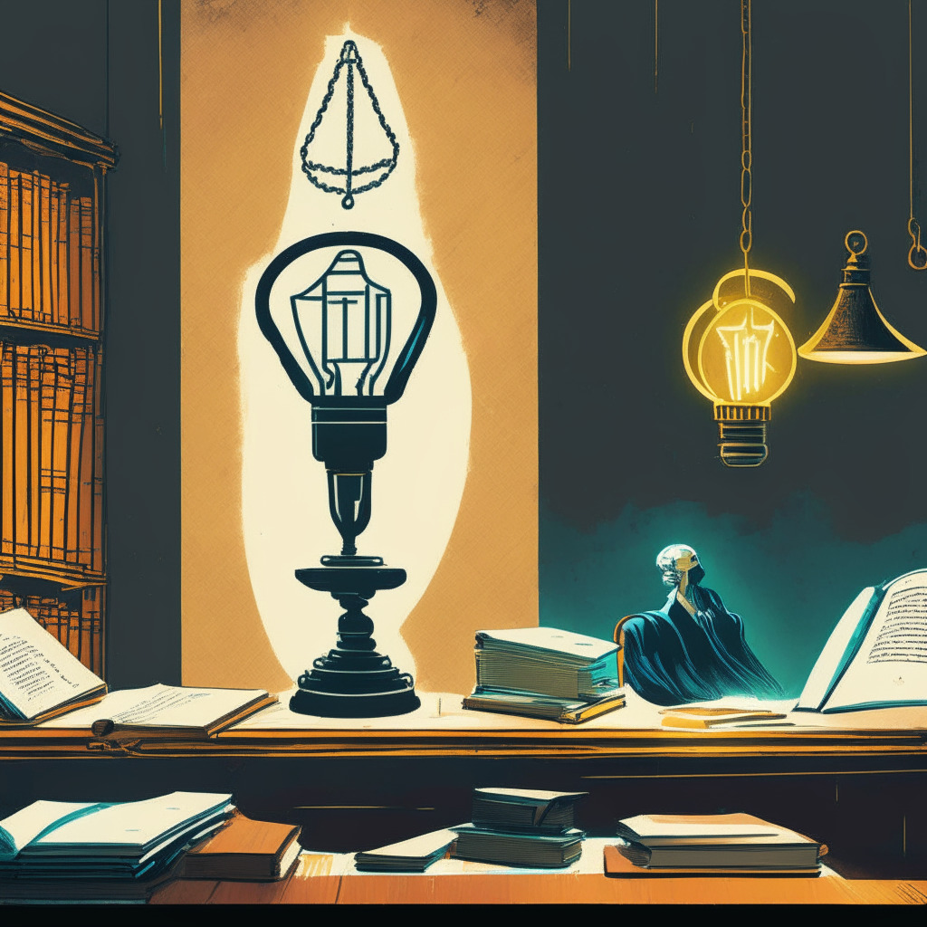 A courtroom setting, stylistically rendered in an abstract, modern art style. A perplexed judge sits at a large wooden desk, gazing at a scale holding symbolic objects: on the left, an incandescent light bulb, symbolizing innovation and growth, and, on the right, a heavy ledger book, symbolizing regulation. Faded in the background, a crypto coin offering shadows, a symbol of the 'Gemini Earn' at the root of the dispute. The prevailing tone is a twilight ambiance, demonstrating the ambiguity and confusion of the situation. The mood of the image is a mixture of tension and intrigue, encapsulating the essence of this legal and technological enigma.