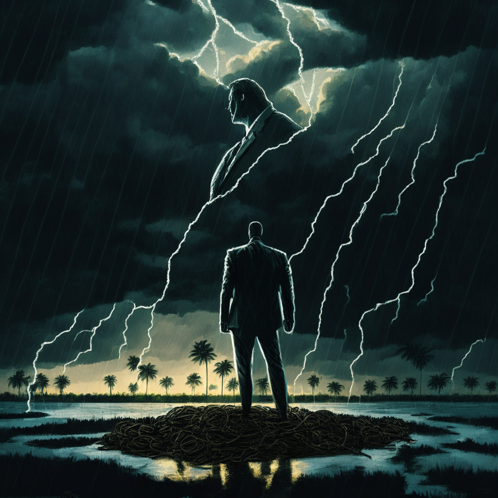 Gubernatorial figure in a storm-lit Florida landscape, accepting luminescent strings of crypto coins into his campaign chest, under a tumultuous sky that signifies his disrupted announcement. In the background, the looming silhouette of a digital currency ban, cast in shadow, indicating future uncertainty. Artistic style: Neo-romanticism, reflecting the complexity and emotional subtlety of the situation. Mood: Intriguing yet quiet tension.