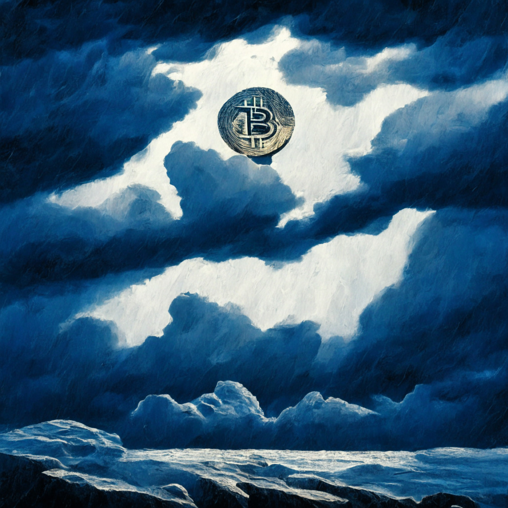 A Bitcoin coin delicately balanced on a precipice beneath a stormy, Van Gogh styled sky, its polished surface reflecting turbulent weather. Shadowy figures representing Grayscale and SEC squared off in the background. A small glimmer of sunlight penetrates the clouds suggesting hope among despair. Dominating tones of cold blue, illustrating bleak crypto market scene.