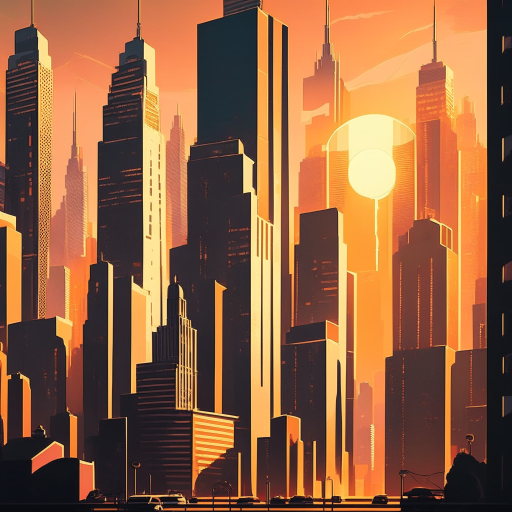 A bustling cityscape at sunset, iconic buildings representing crypto-centric firms nestled among skyscrapers. Deco-era style under golden-hour light, shadows and glows on buildings reflecting both the triumphs and challenges in crypto. Mood of cautious optimism amidst rapid growth.