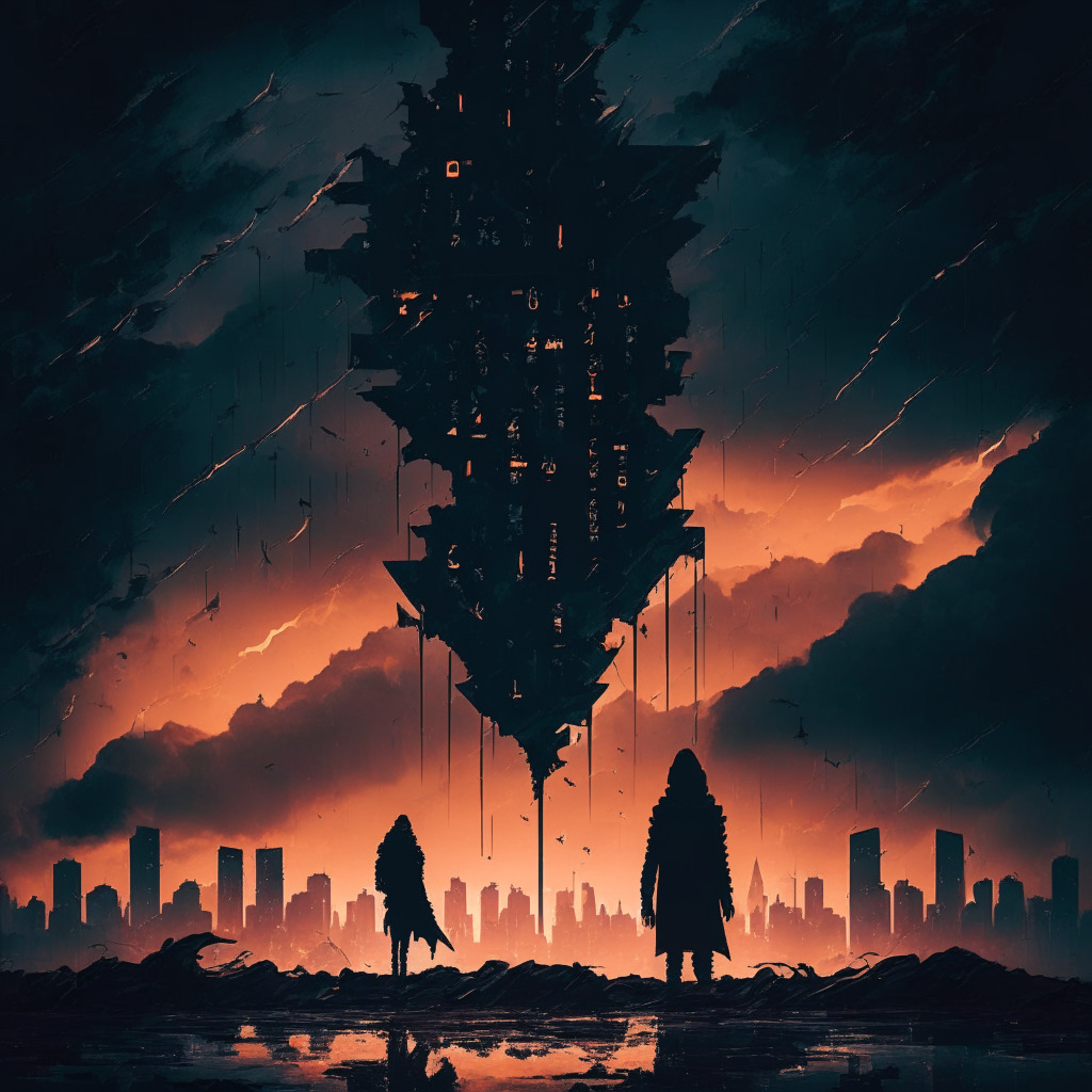 A cryptographic dystopia set at dusk, foreboding blockchain networks interweave under a stormy sky, a meteoric currency symbol soaring upward then plunging with a trail of fire, symbolizing sudden rise and downfall. A shrouded silhouette, synonymous with the mysterious creator, watches the scene. Mood is suspense and uncertainty, style is cyberpunk.