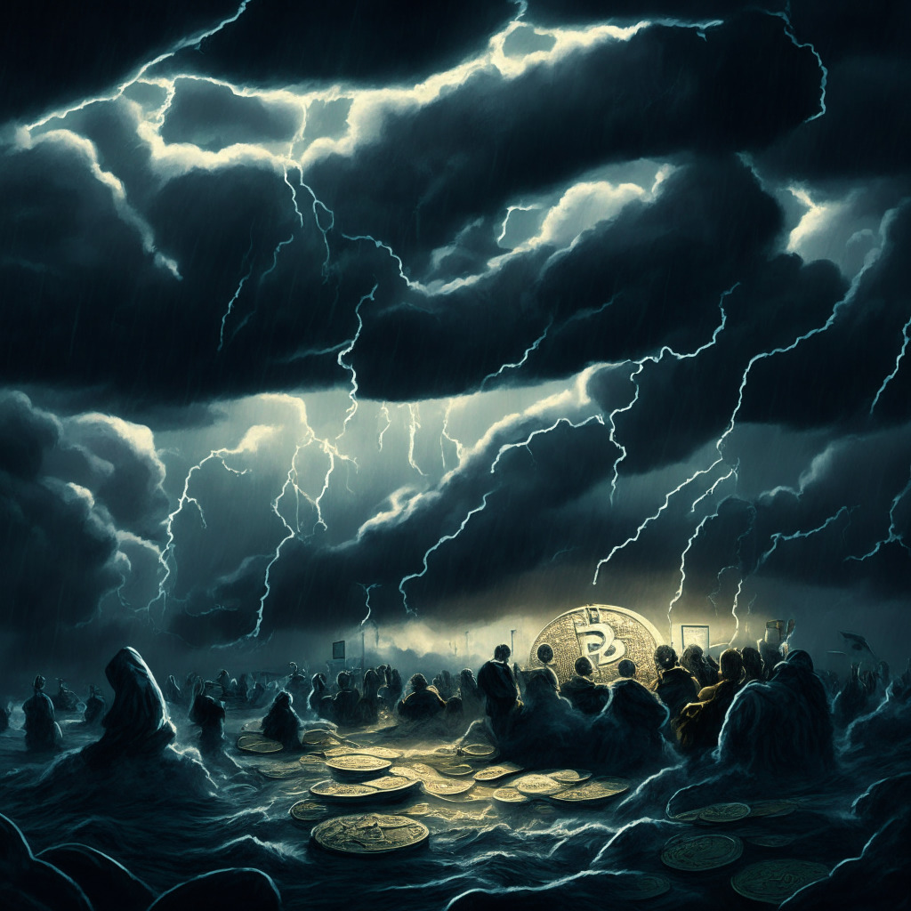 A stormy digital currency market with tumultuous waves representing the 80% decline of PEPE memecoin, and dark ominous clouds suggestive of potential rug-pull allegations. The scene is dramatically lit with erratic lighting replicating uncertainty and tension. Some areas are subtly highlighted, showing the glimmer of hope by a group of investors. A scale in the foreground, symbolising the delicate balance between potential growth and plummet, heavy with risk and reward. The whole image encapsulated in an Edvard Munch's Expressionism style, reflecting the angst and unpredictability in the market.