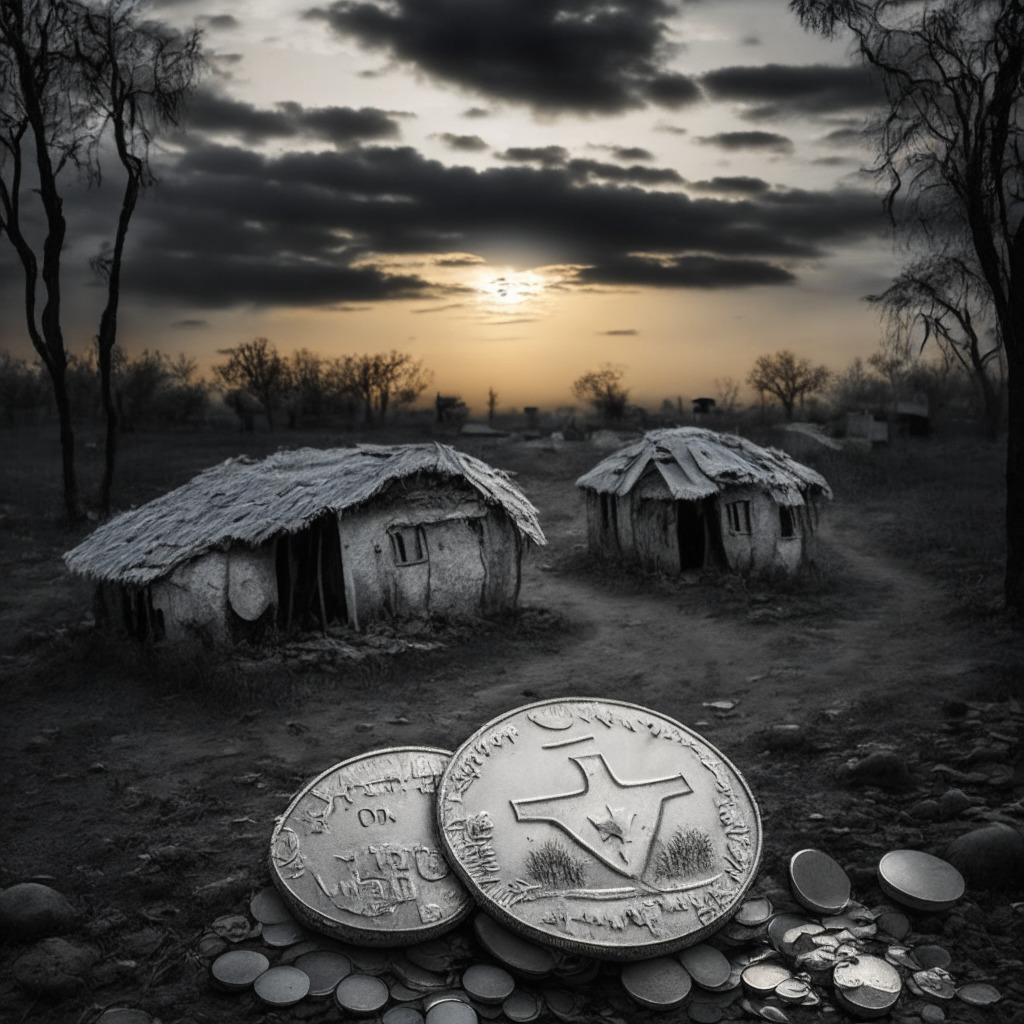Dawn breaking over a battle-scarred Ukrainian village, colors of hope in the sky juxtaposing the grayscale sorrow on ground, a silver coin pictured with diverse symbols of cryptoscript dropping gently into a small soft hand, portraying generous global support. Incorporated are a snug shelter, educational books, healthcare tools, and a friendly caregiver, embodying emergency aid, education, healthcare, and mentorship. Mood - Desolate yet Hopeful.